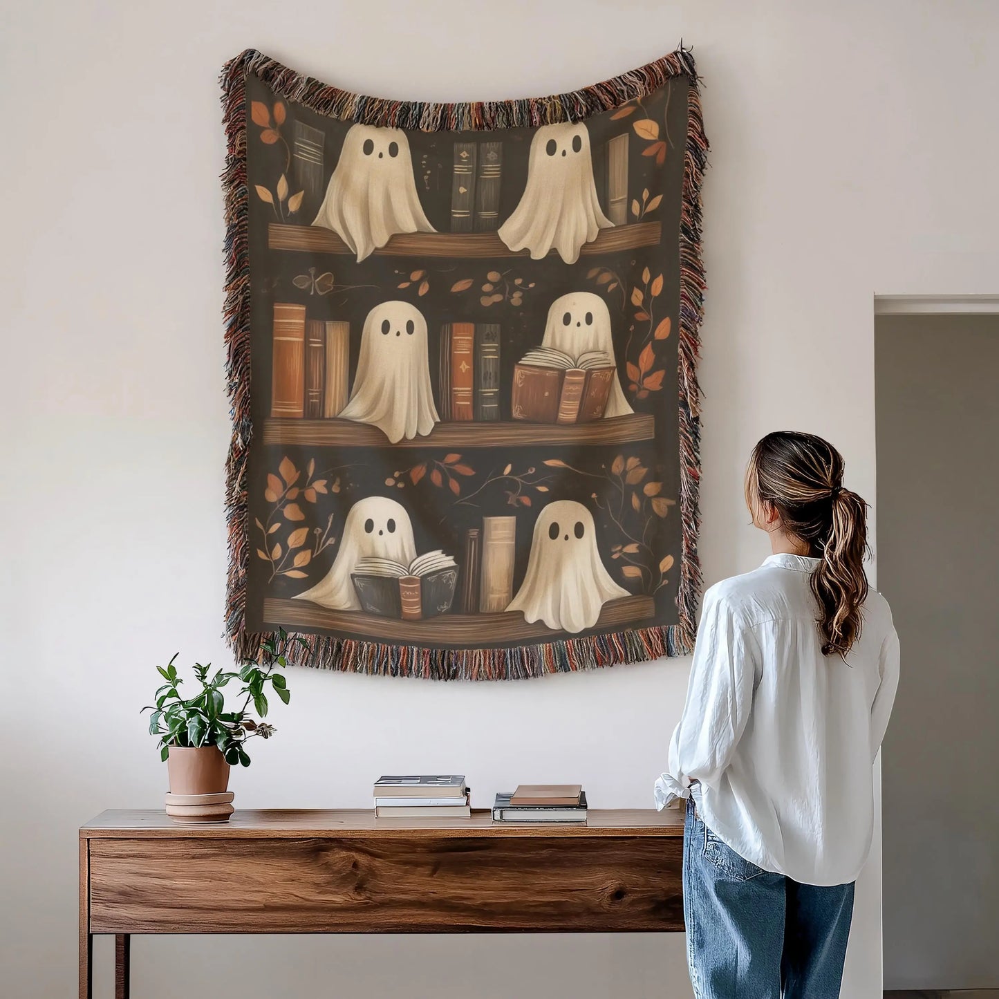 Halloween Woven Blanket – Ghosts on Bookshelf Cozy Sofa Throw with Colorful Fringed Edges