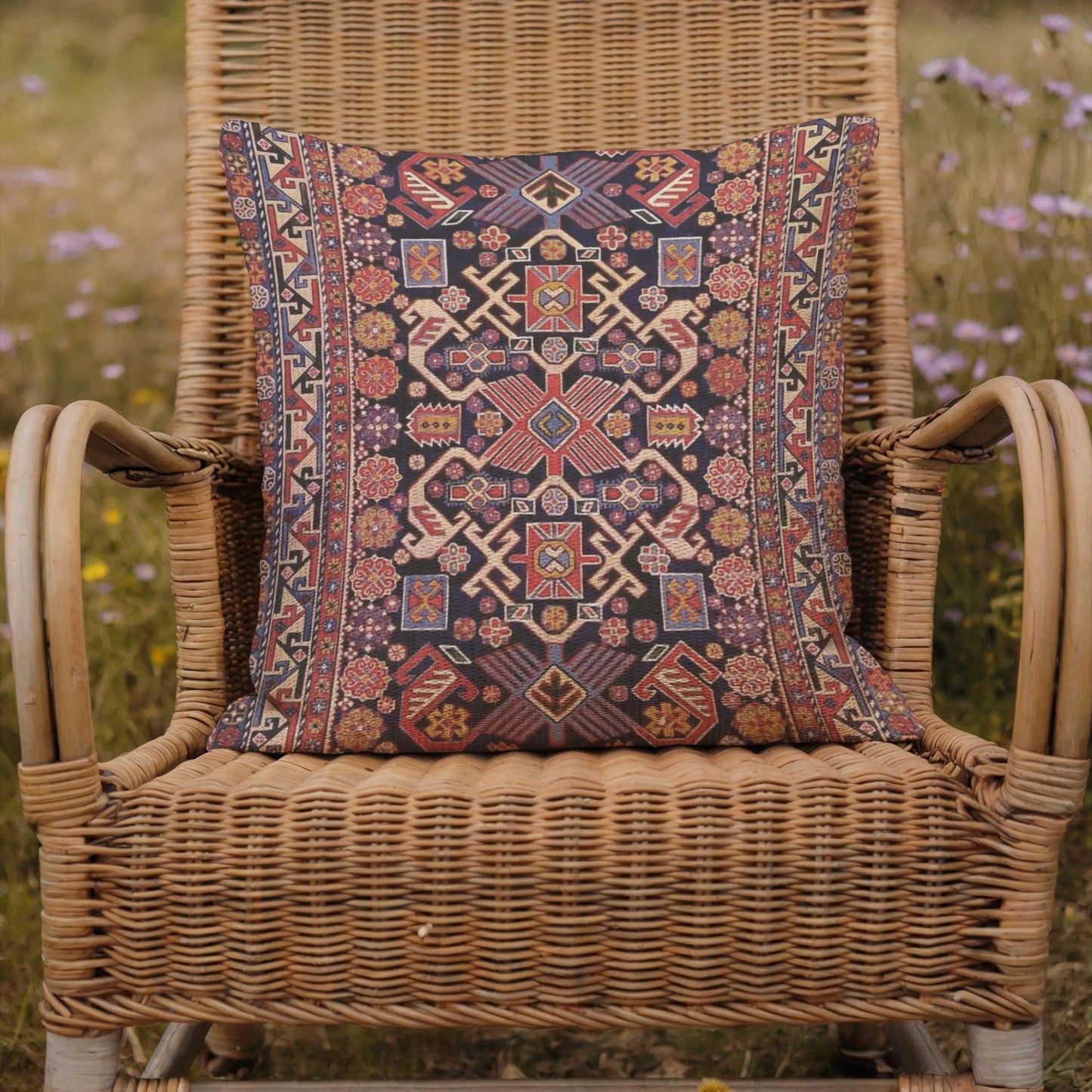 Turkish Woven Pillow Set - Cotton Throw Blanket with Rug-Inspired Pattern & Fringed Edge