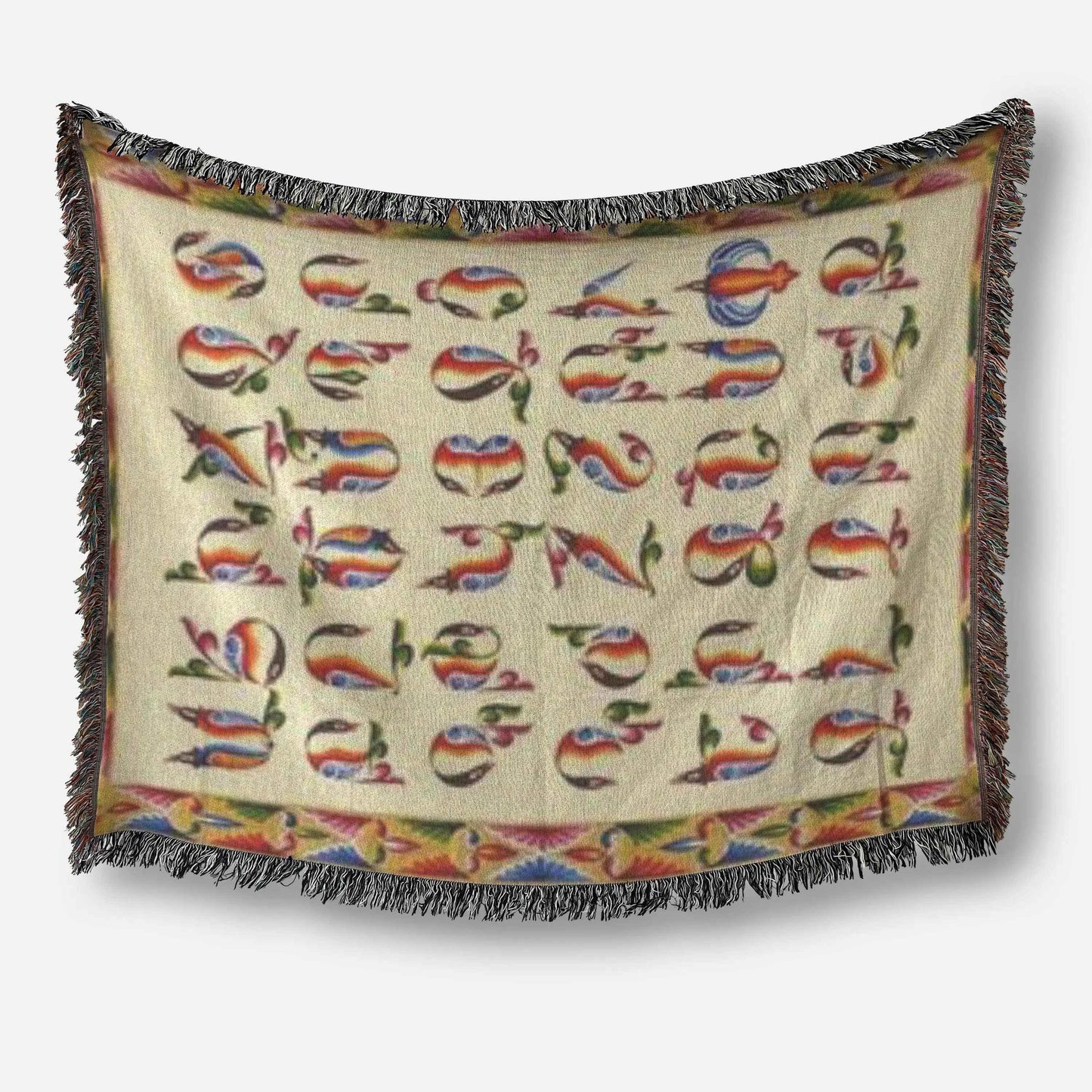 Armenian Alphabet Blanket - Colorful Woven Cotton Bedspread & Eco-Friendly Couch Throw - timelessbohochic.com