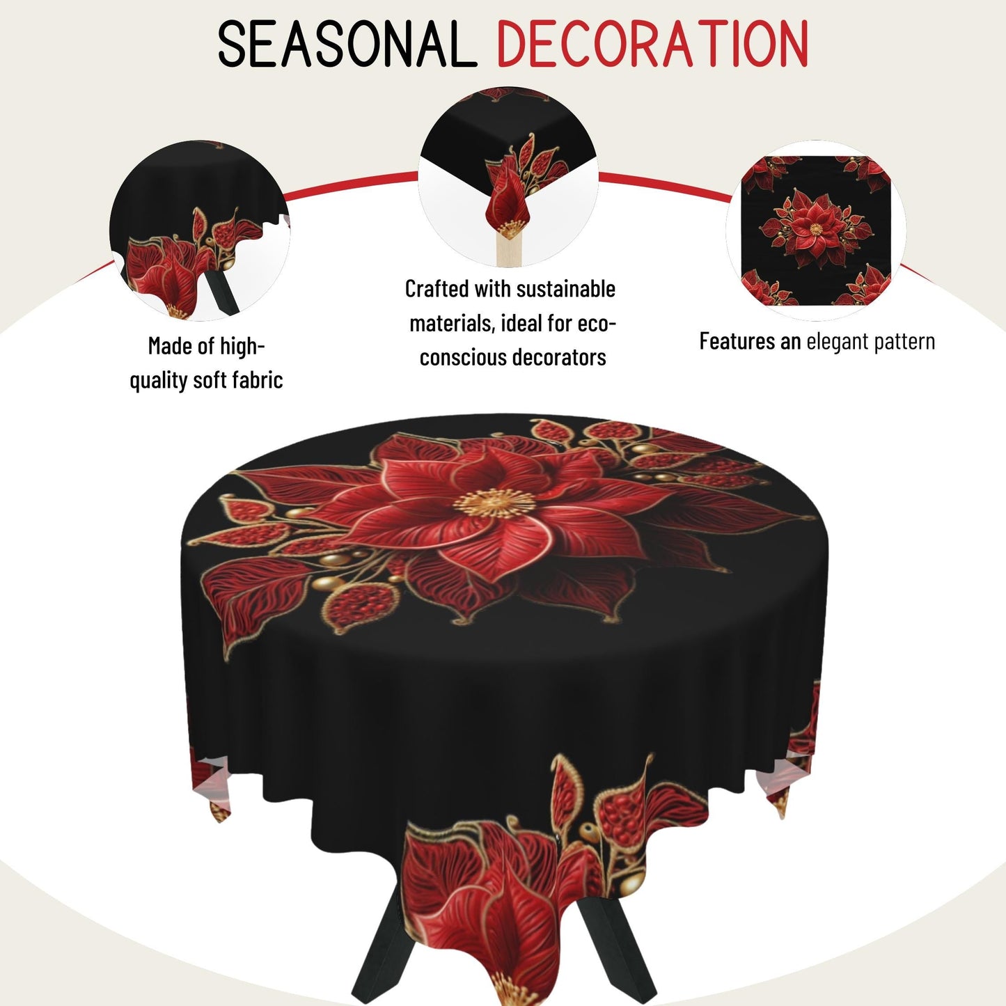 Poinsettia Tablecloth – Elegant Red and Gold Christmas Table Cover | Luxury Holiday Decor