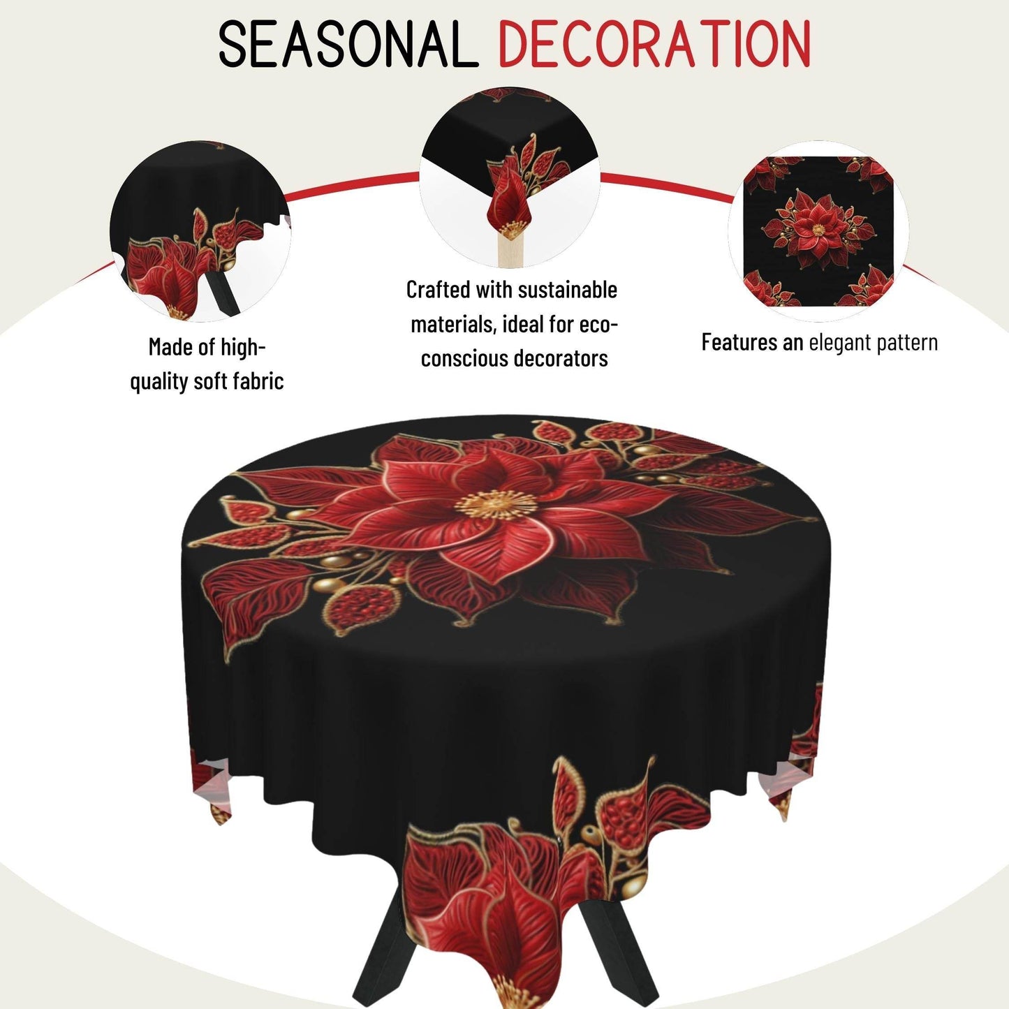 Poinsettia Tablecloth – Elegant Red and Gold Christmas Table Cover | Luxury Holiday Decor - timelessbohochic.com
