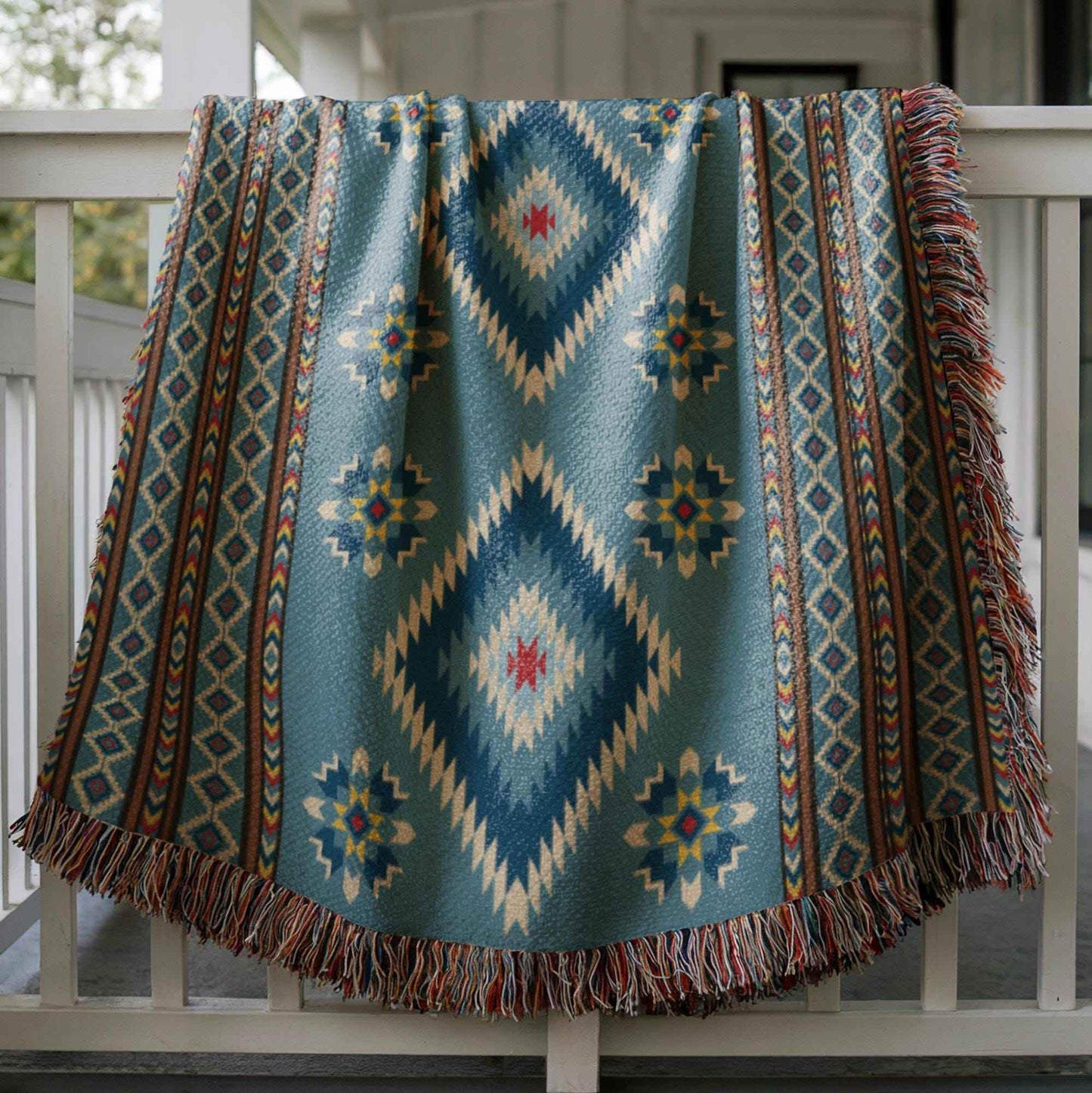 Navajo Cotton Blanket – Teal Brown Geometric Picnic Rug with Fringed Edge - timelessbohochic.com