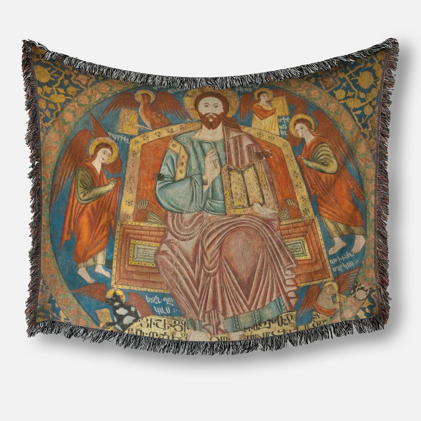 Armenian Cotton Blanket – Woven Miniature Design, Cultural Sofa Throw with Colorful Fringed Edges