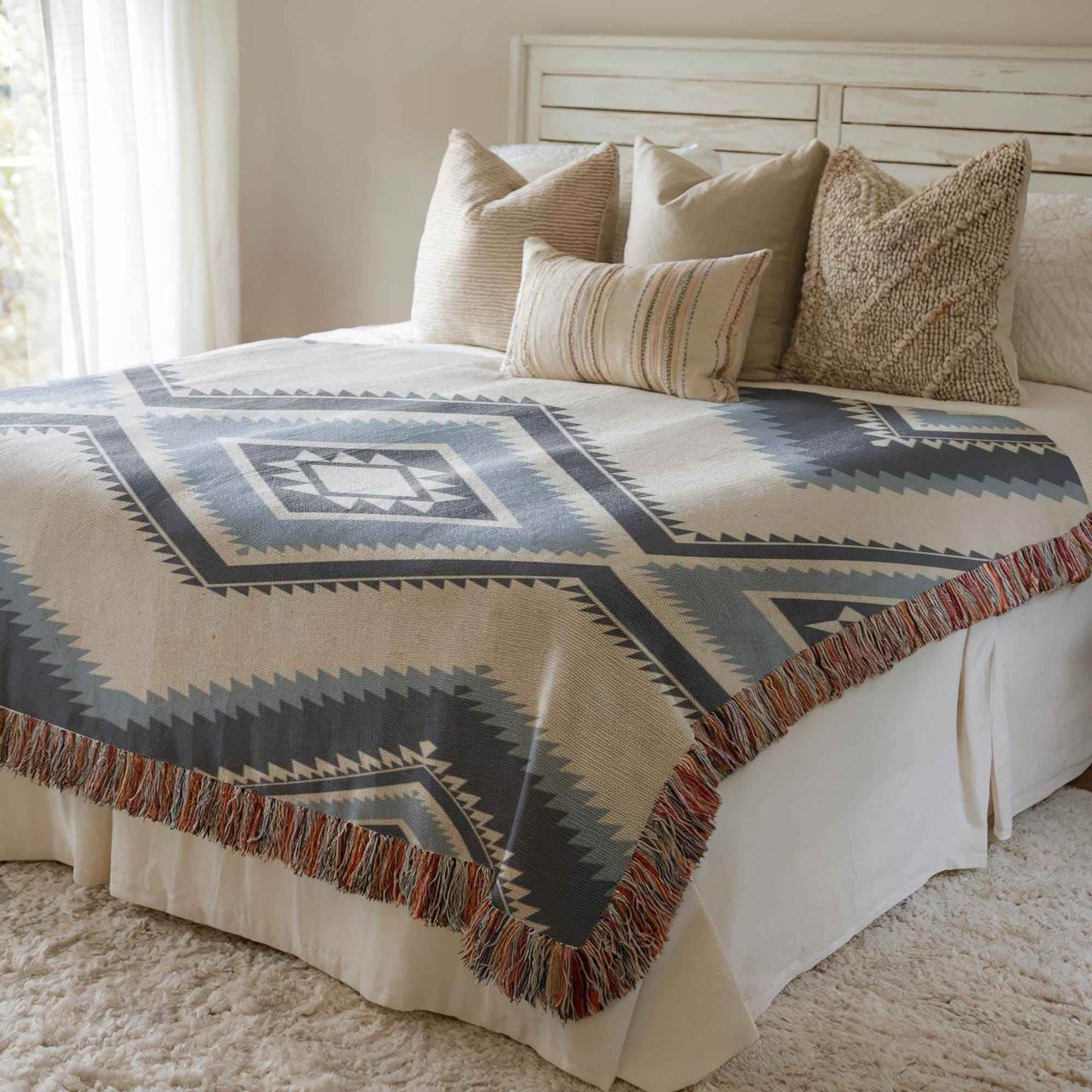 Navajo Woven Blanket – Tribal Geometric Throw | Soft Durable Cotton Cozy Blanket - timelessbohochic.com