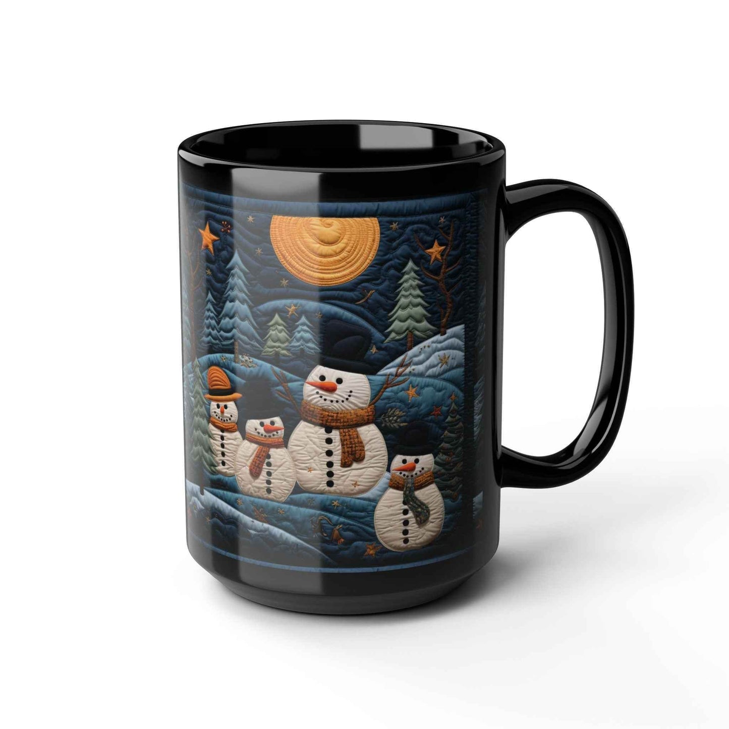 Chai Latte Mug - Black Ceramic Mug with Snowmen & Trees | 15 Ounce Glossy Finish - timelessbohochic.com