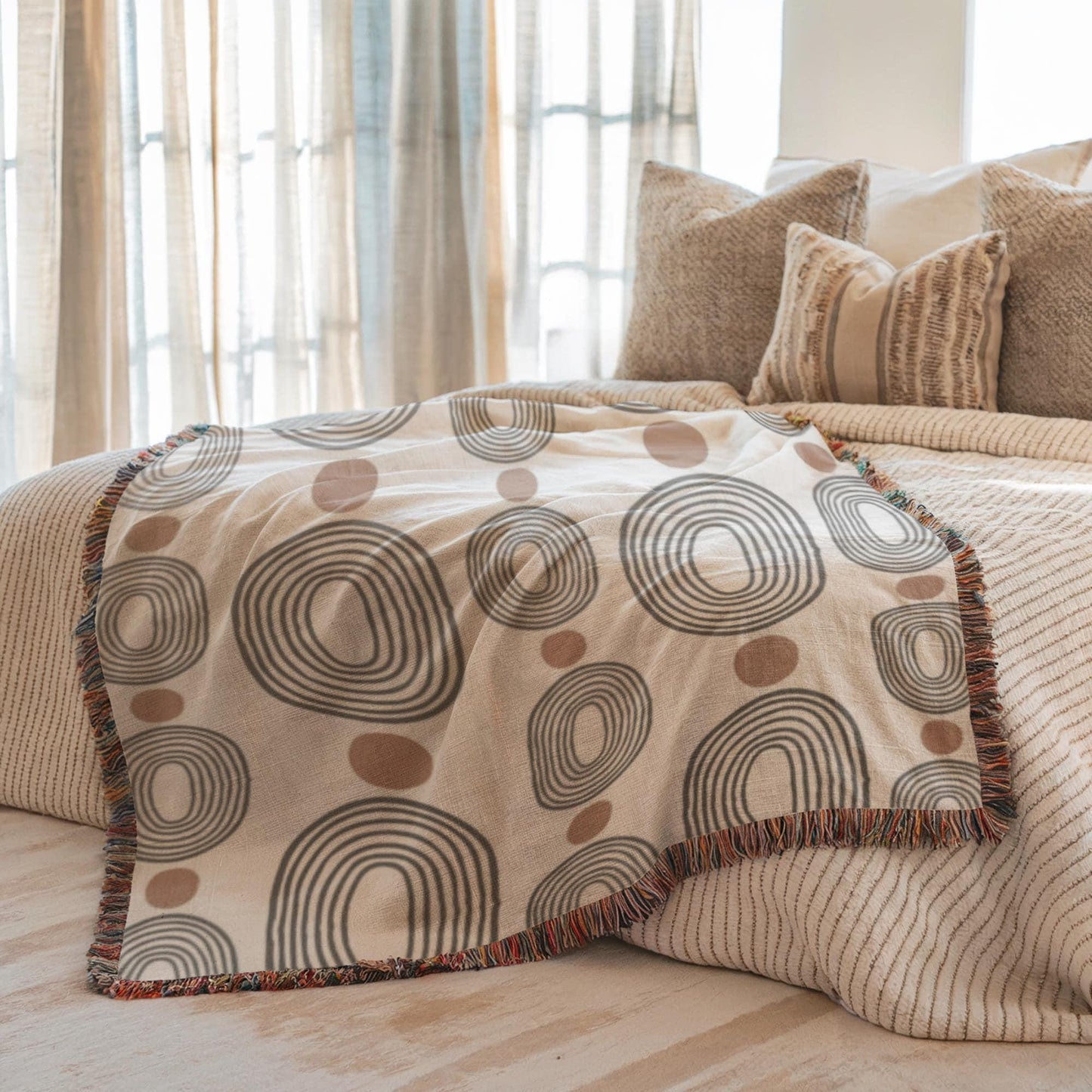 Woven Blanket - Black Oval Rust Dots Throw | Cozy Cotton Coverlet, Modern MCM Decor
