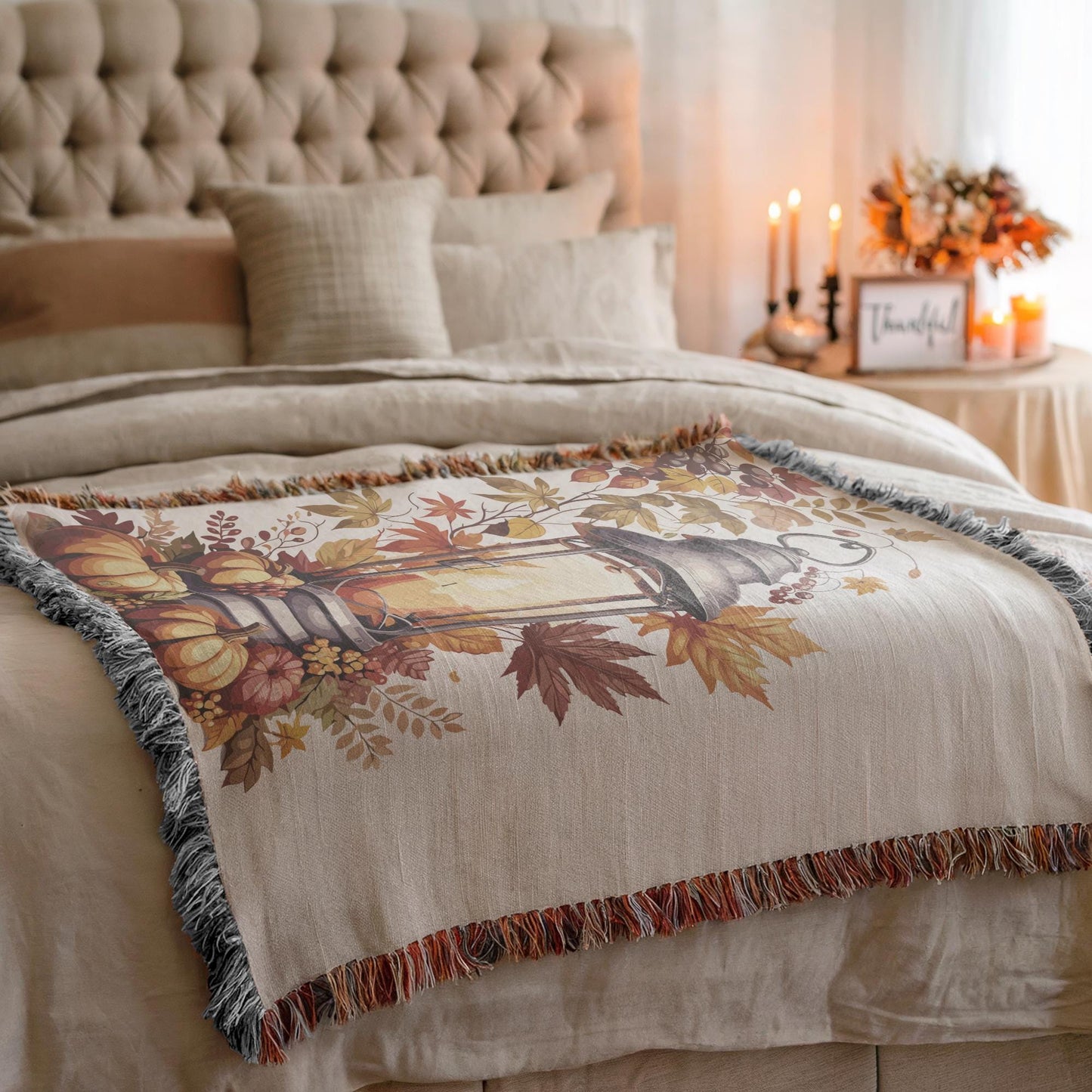 Woven Fall Blanket - Cozy Cotton Fringe Throw With Pumpkin Decor & Lantern Design