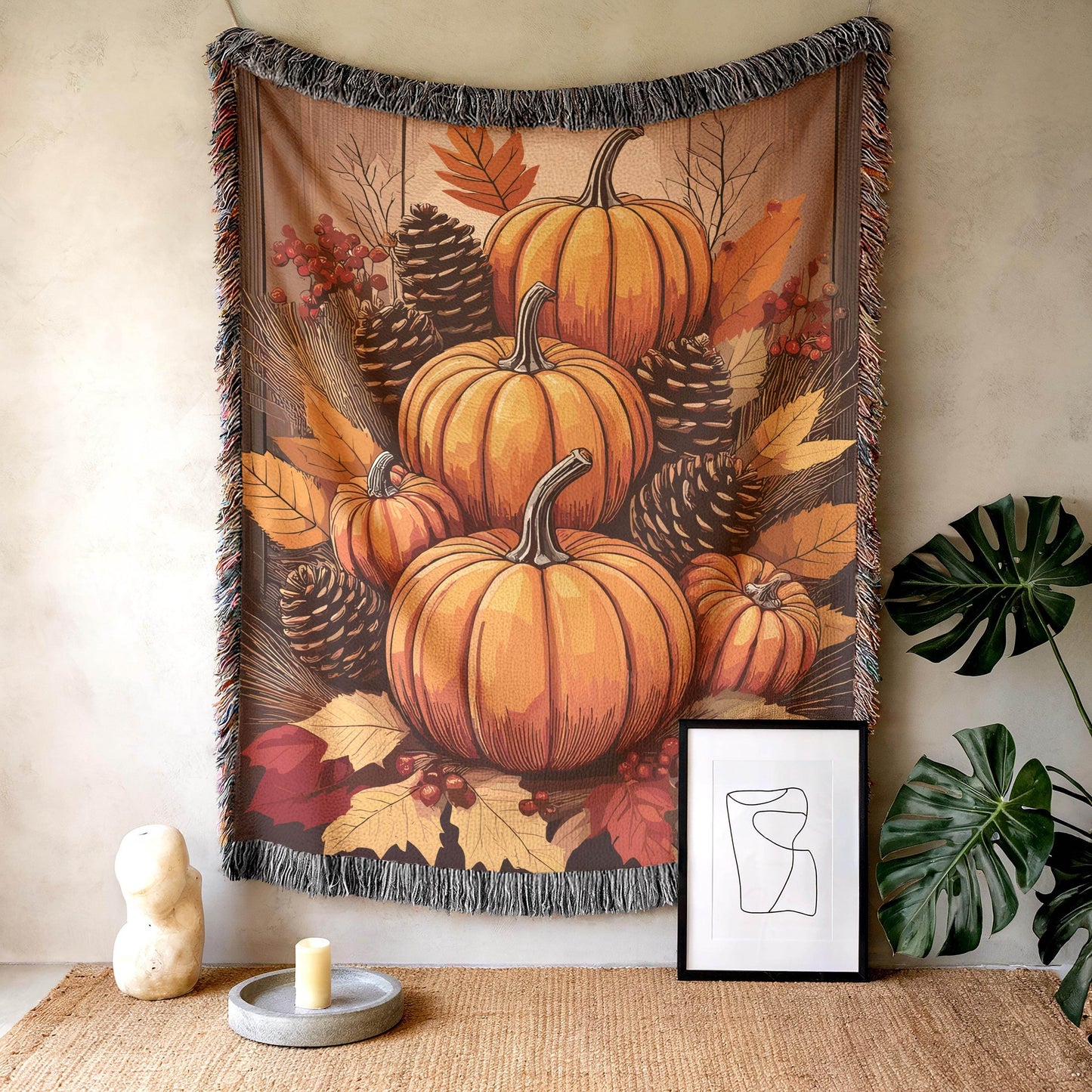 Fall Decor Wall Tapestry with Pumpkins | Thanksgiving Art Hanging for Home & Fireplace - timelessbohochic.com