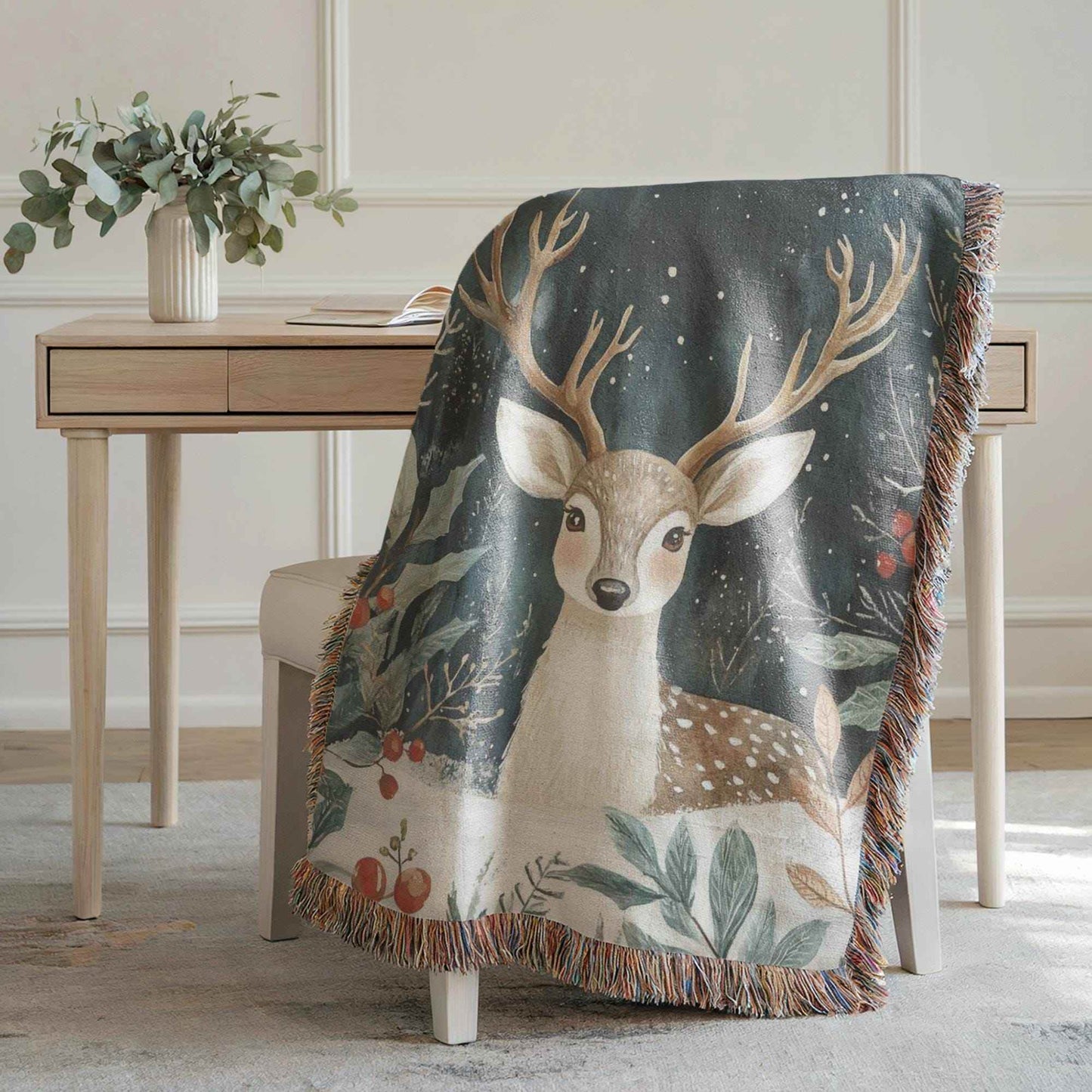 Christmas Tapestry Wall Hanging – Festive Woodland Animal Textile Art with Bambi and Holly - timelessbohochic.com