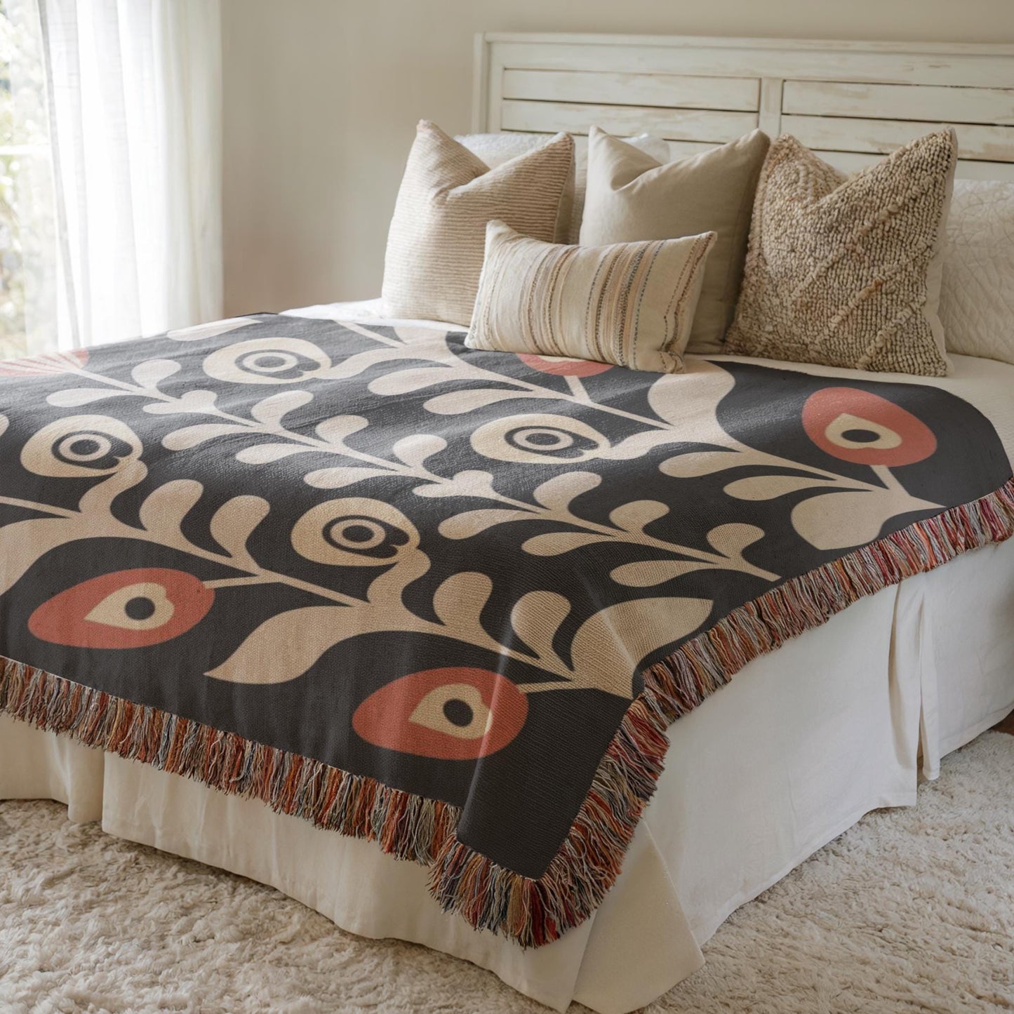Boho Chic Blanket - Artistic Floral Cotton Woven Throw, Cozy Bedroom Accent & Housewarming Gift