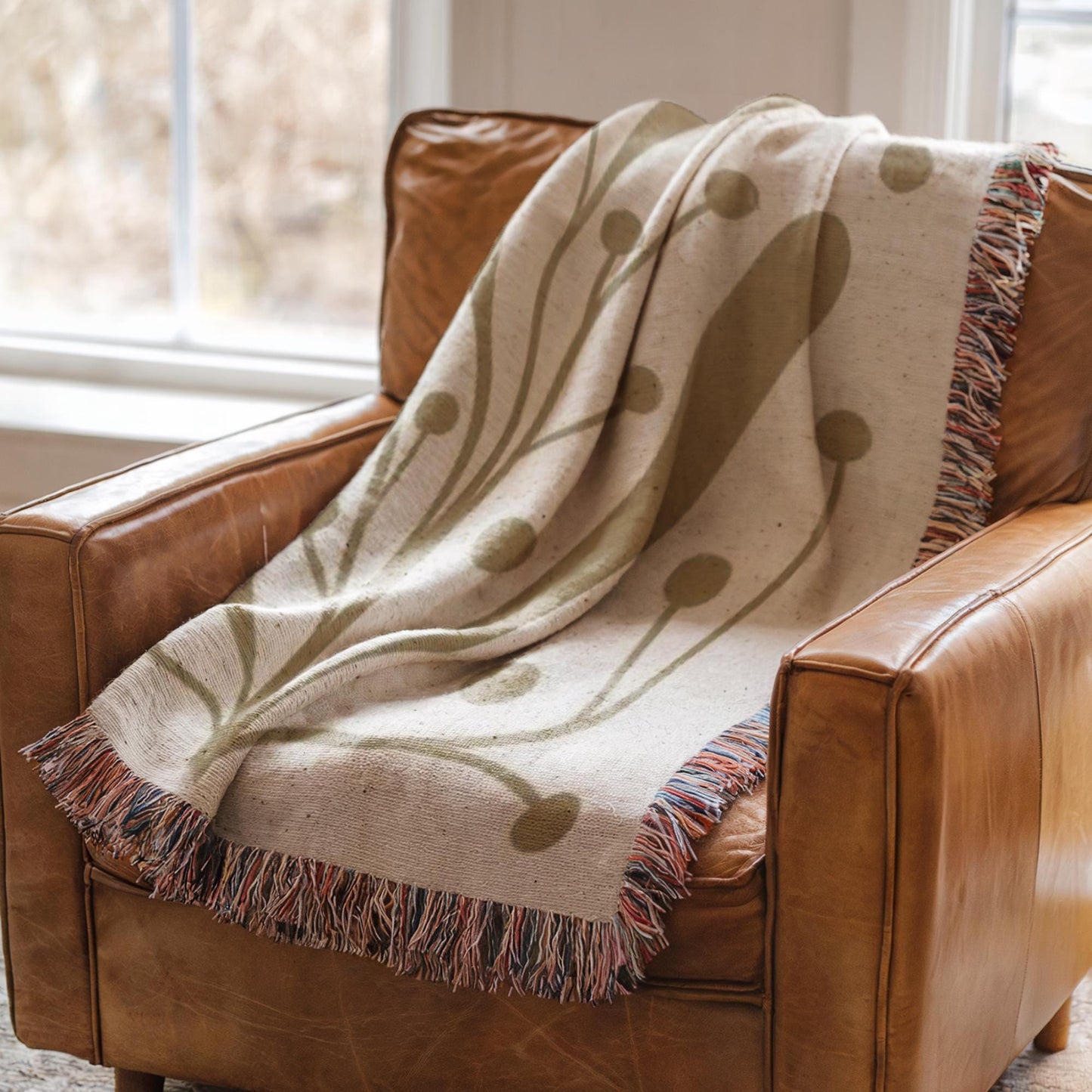 Mid Century Modern Throw - Woven Cotton Blanket with Botanical Pattern | Cozy Scandi Design