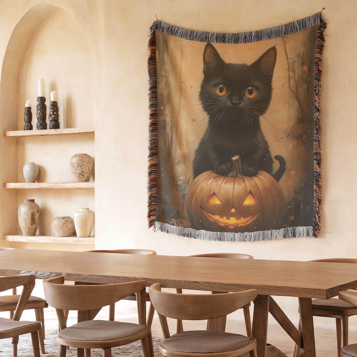 Halloween Tapestry Throw - Cozy Cotton Woven Tapestry with Cat Pumpkin Design & Fringed Edges - timelessbohochic.com