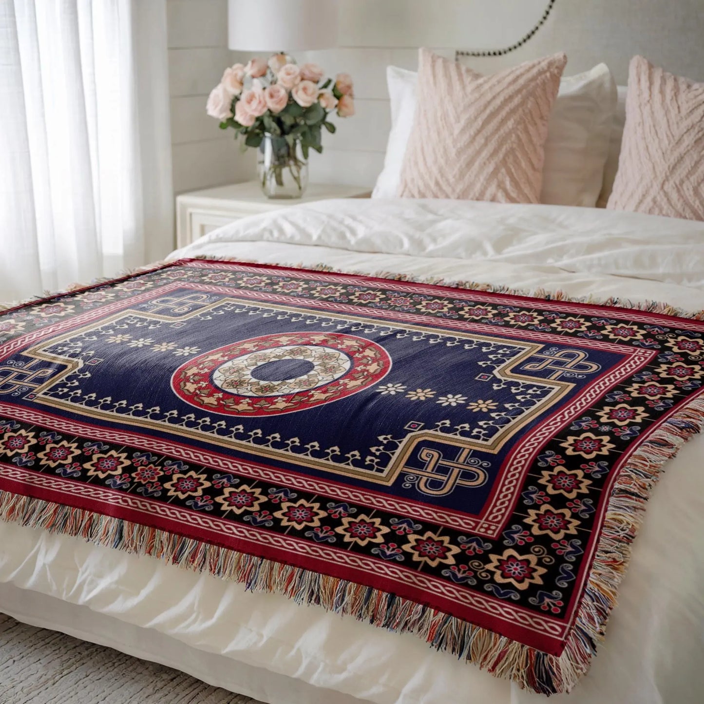 Woven Kilim Throw - Persian Rug Throw With Colorful Fringed Edge Blanket