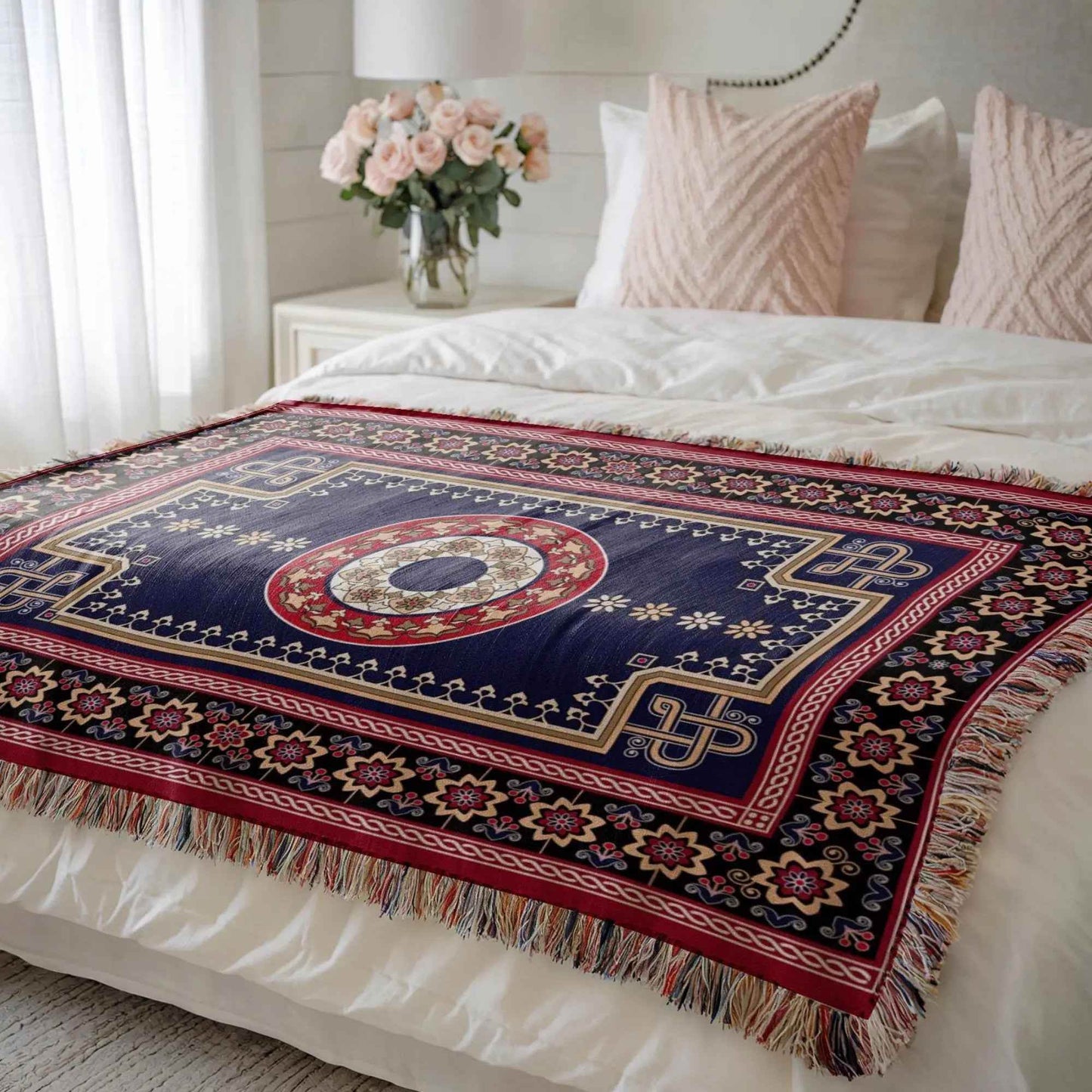 Woven Kilim Throw - Persian Rug Throw With Colorful Fringed Edge Blanket - timelessbohochic.com