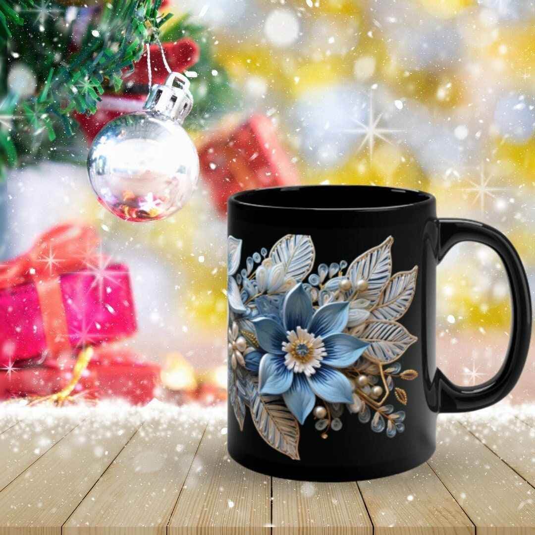 Christmas Ceramic Mug – Pale Blue Poinsettia Design | 11oz Durable Microwave Safe Cup - timelessbohochic.com