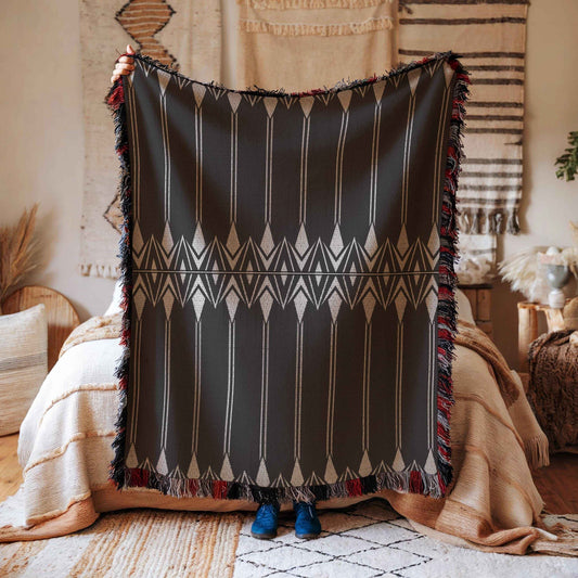 Modern Geometric woven blanket with geometric pattern styled for layered home decor