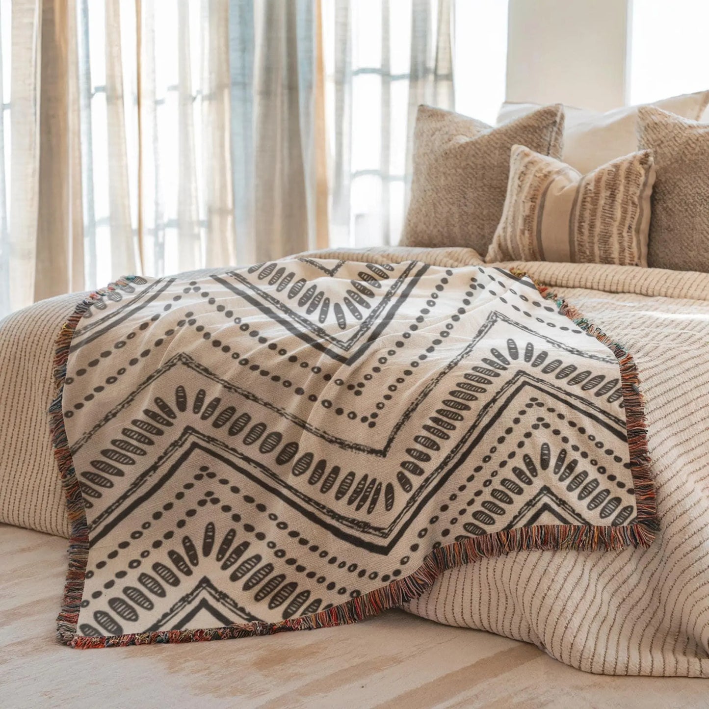 Woven Throw Blanket - Black and White Ikat Pattern Cotton Cozy Couch Throw