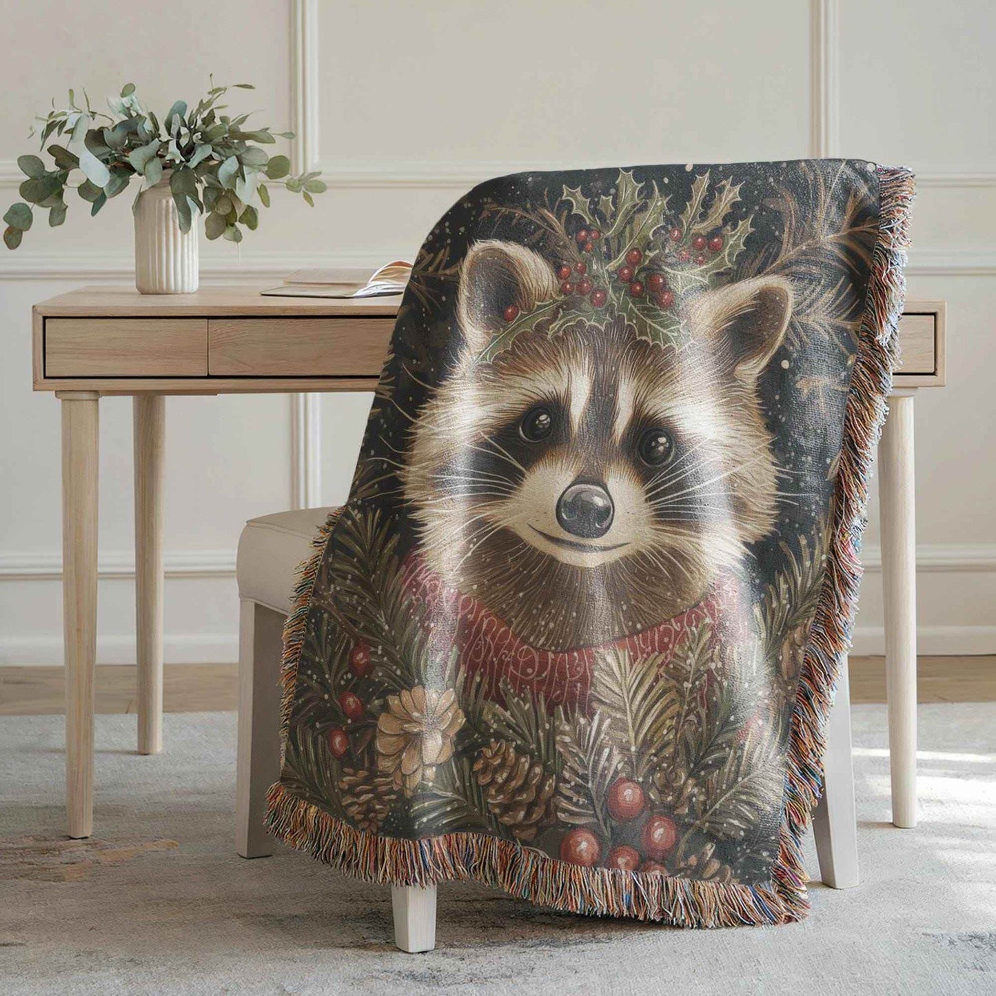 Xmas Racoon Tapestry - Cozy Woven Blanket | Woodland Animal Decor | Christmas Home Accent - timelessbohochic.com