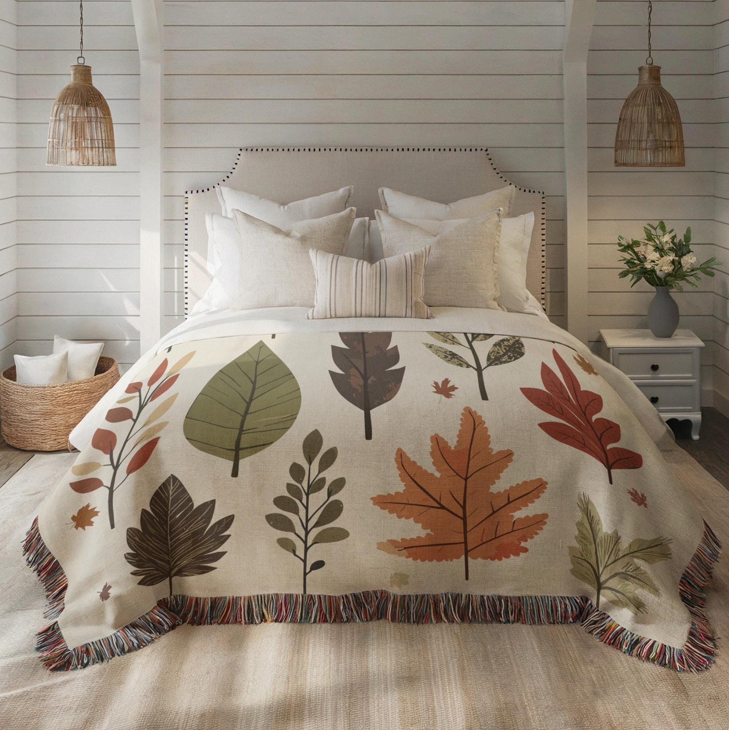Fall Cotton Blanket – Autumn Leaves Throw With Colorful Fringed Edges, Cozy Fall Blanket