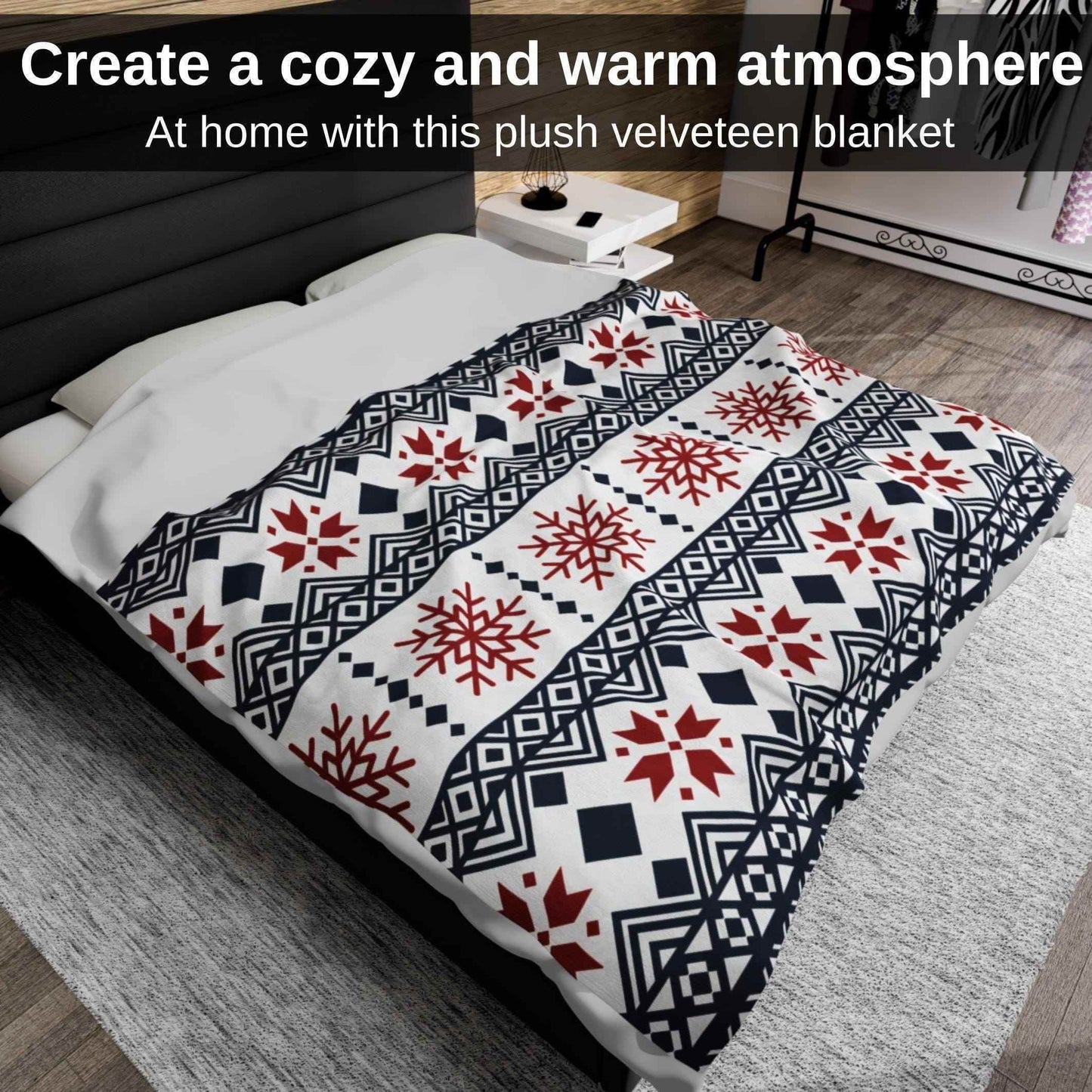 Scandinavian Snowflake Blanket – Black Red Fleece Cozy Throw Velveteen Plush - timelessbohochic.com