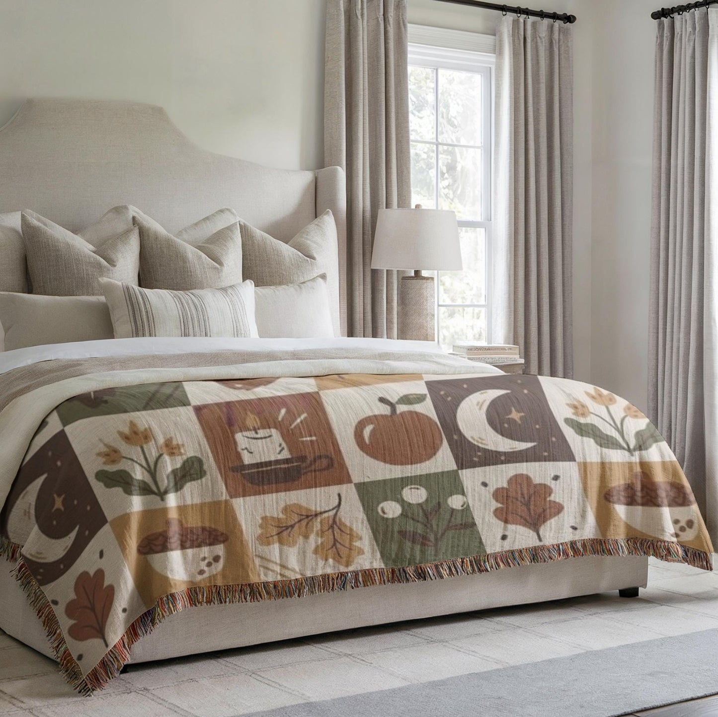 Fall Woven Blanket - Cozy Patchwork Throw with Colorful Fringed Edges, Autumn Bedding Quilt