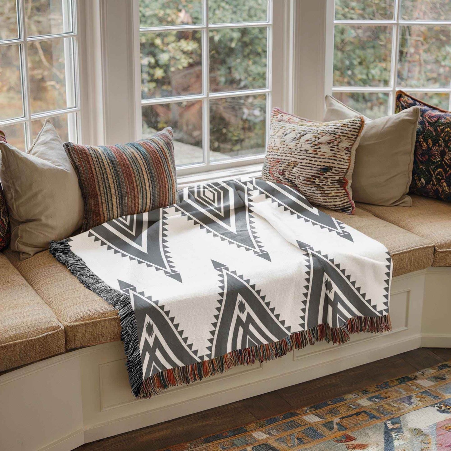 Cotton Southwestern Throw Blanket with Tribal Pattern and Fringed Edges - timelessbohochic.com