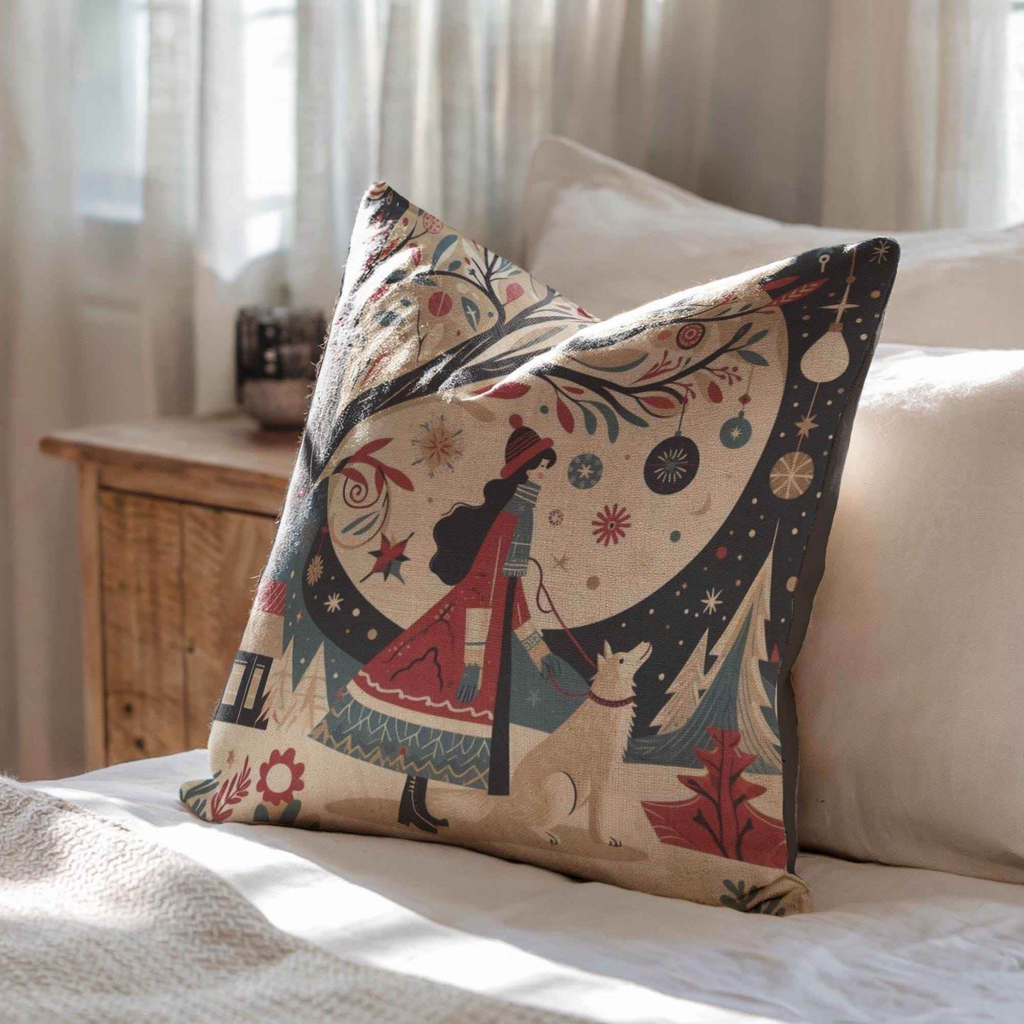Woven Christmas Pillow - Cozy Seasonal Cushion with Lady & Dog Design | Festive Home Decor - timelessbohochic.com