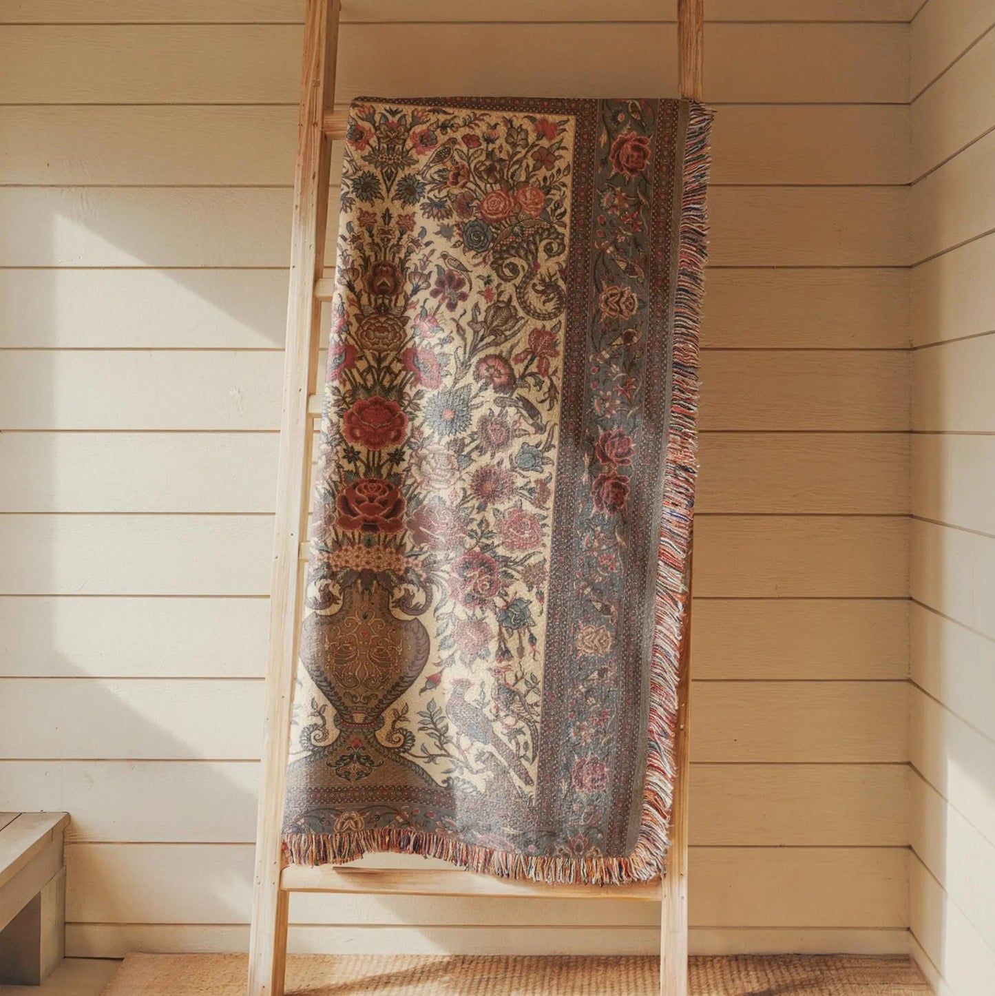Persian Vase Woven Wall - Cotton Throw Blanket With Colorful Fringed Edges