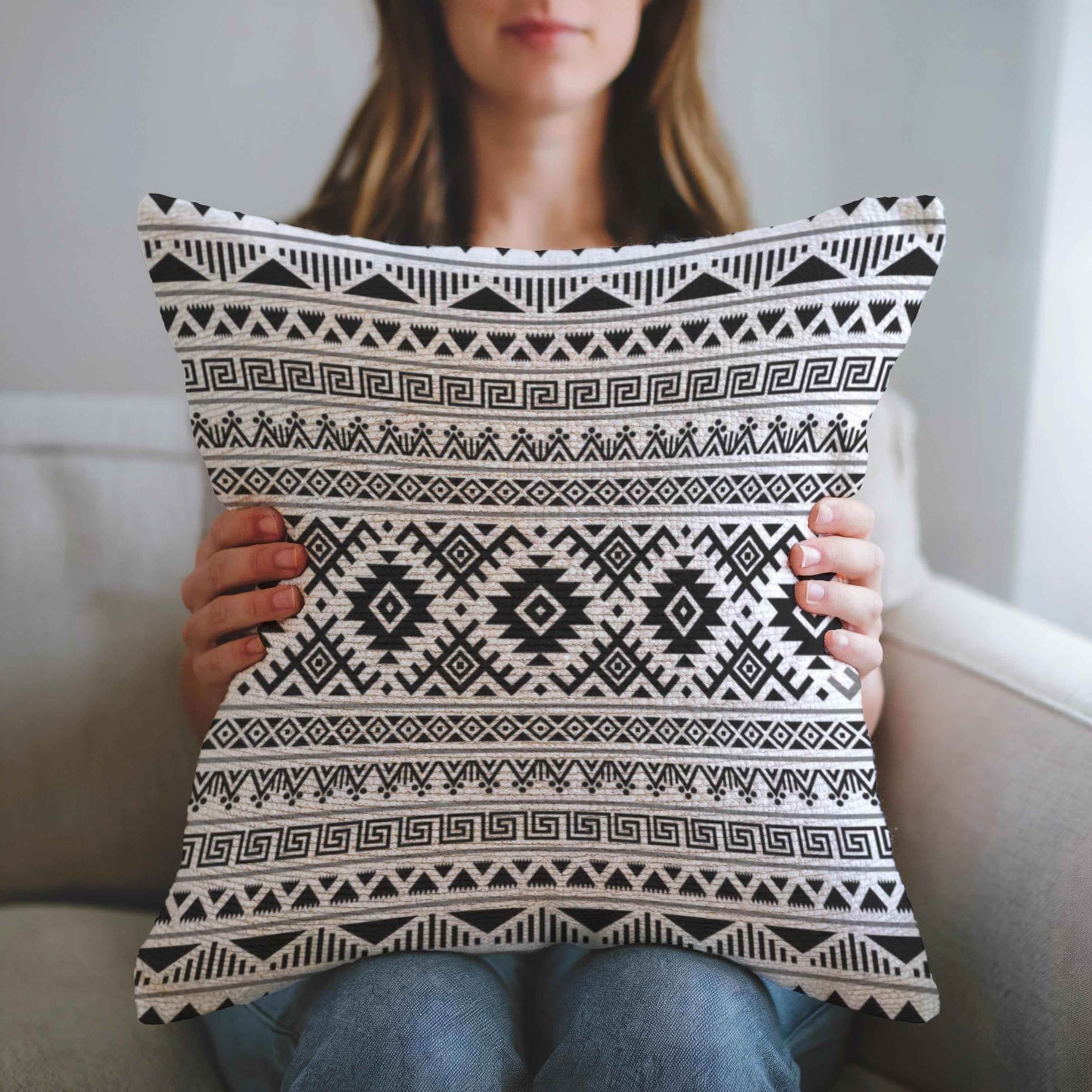 Boho Woven Pillow – Cotton Ikat Pattern Cushion with Fringed Edge Accent - timelessbohochic.com