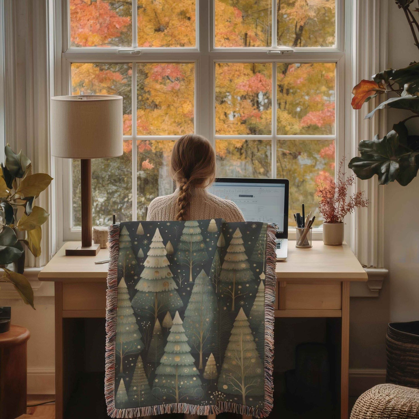 Forestcore Christmas Blanket - Festive Office Decor | Woven Cotton Throw with Fringed Edges - timelessbohochic.com