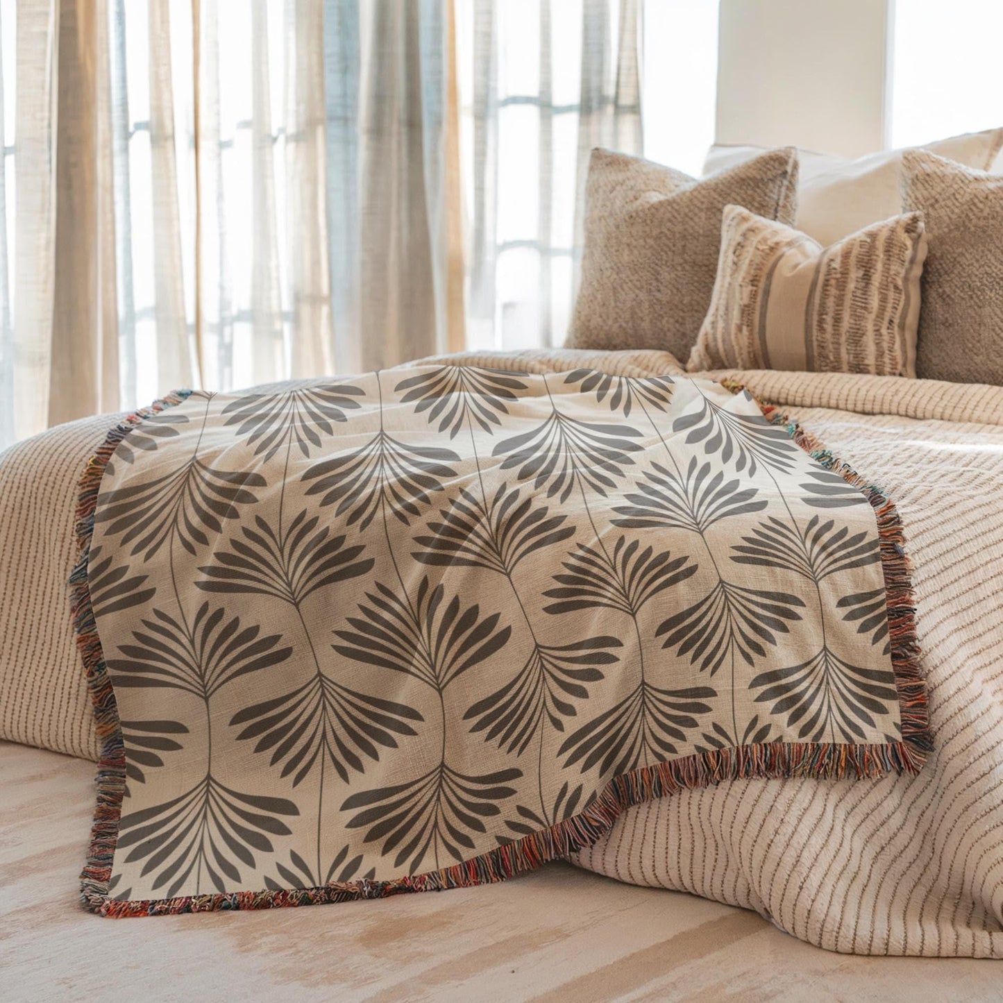 Woven Cotton Blanket – Cozy Throw With Monochromatic Patterned Sofa Accent
