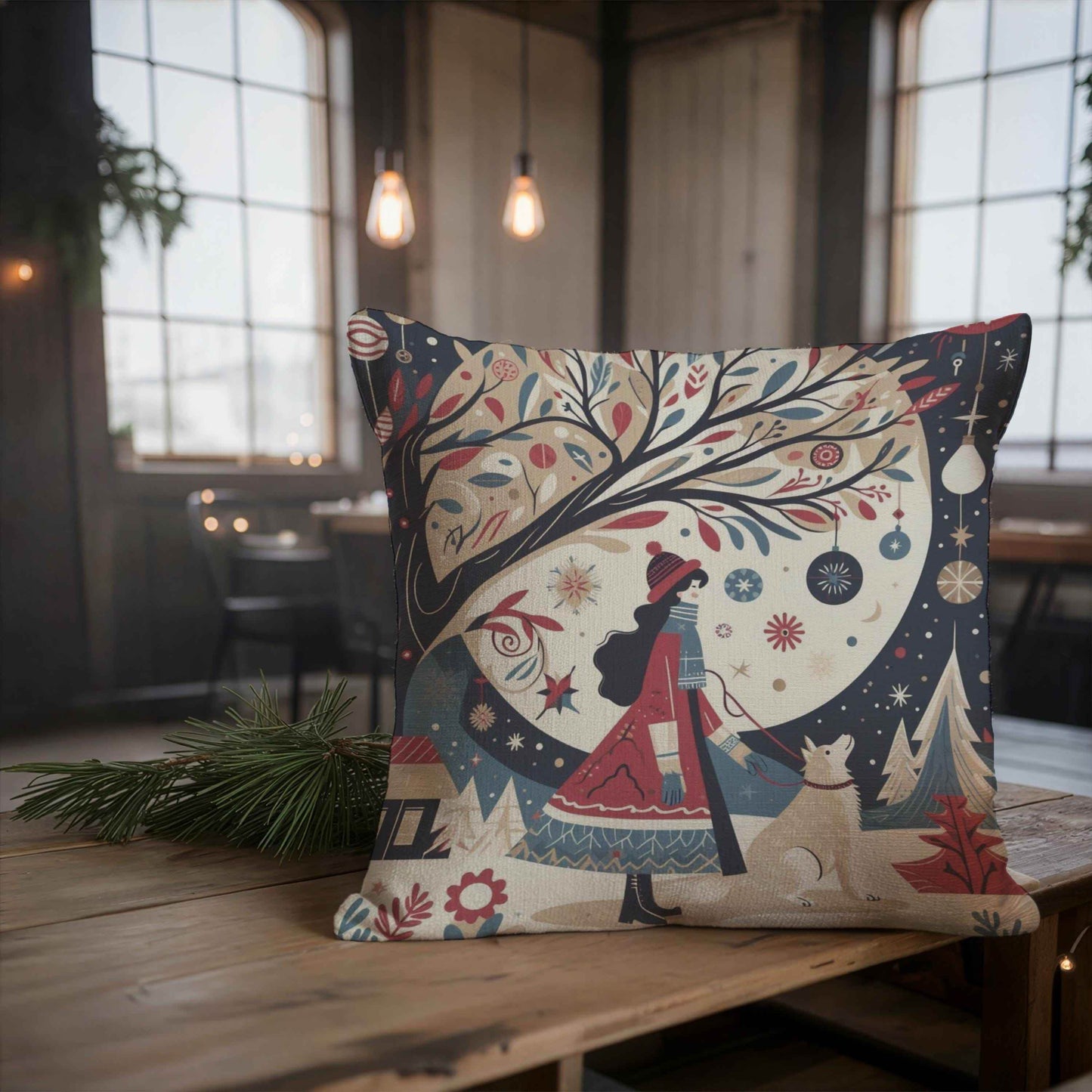 Woven Christmas Pillow - Cozy Seasonal Cushion with Lady & Dog Design | Festive Home Decor - timelessbohochic.com