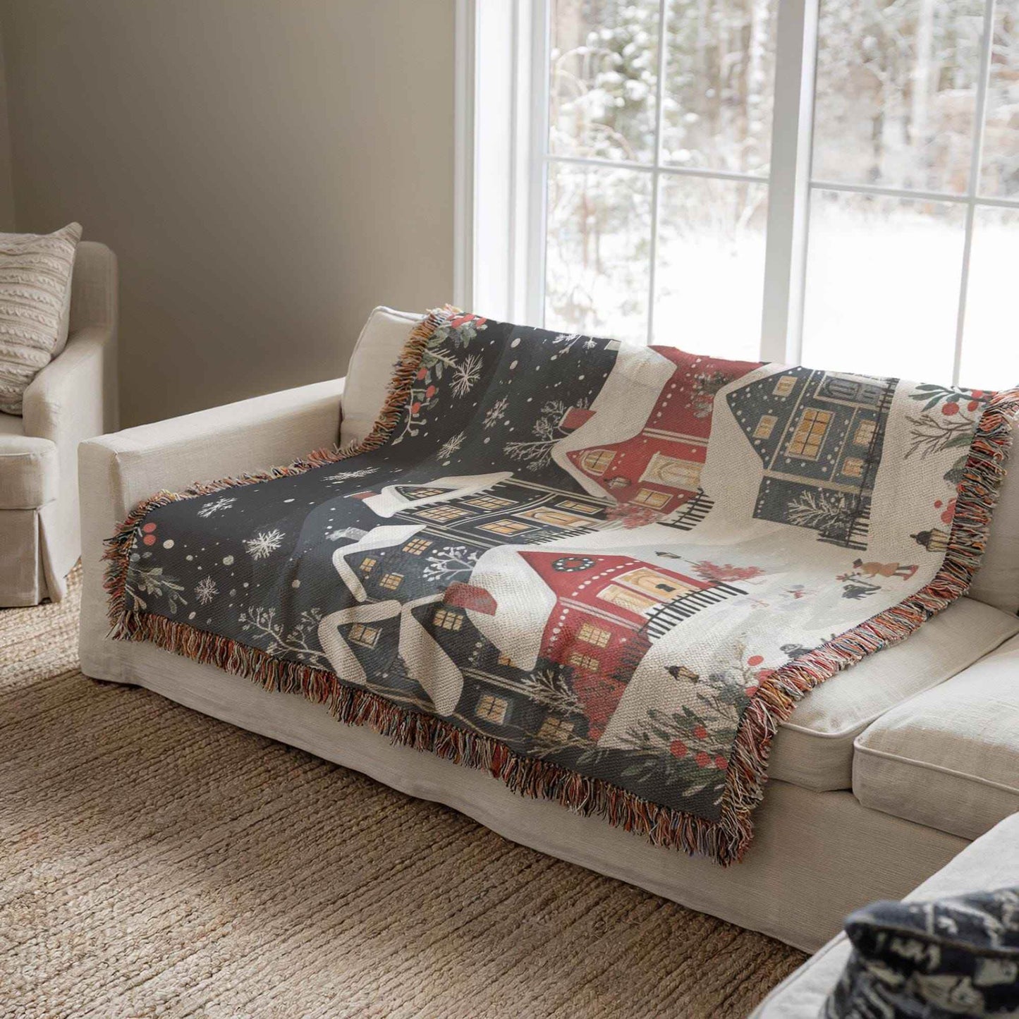 Holiday Cotton Throw - Woven Christmas Village Blanket | Cozy Seasonal Bedroom Accent - timelessbohochic.com