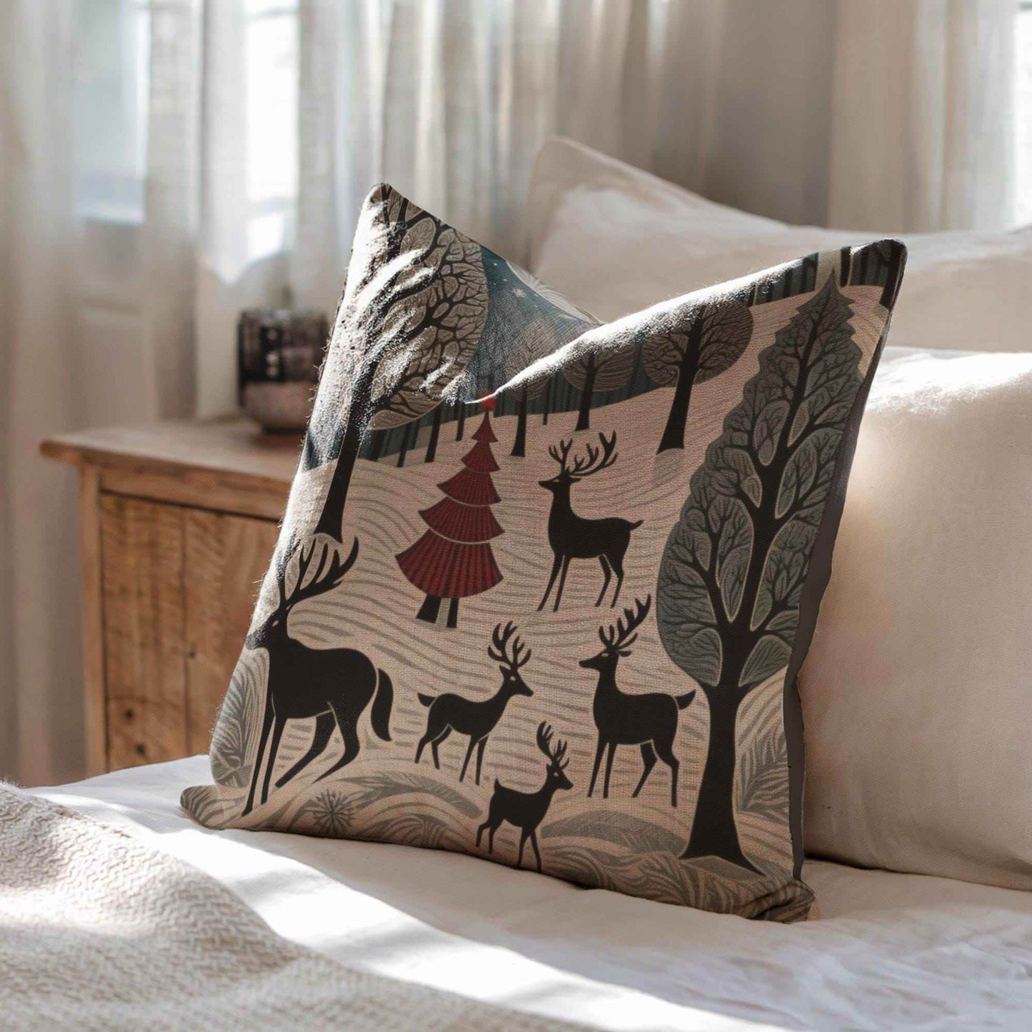 Winter Deer Pillow - Woven Decorative Cushion With Deer Herd Design, Cozy Cabin Accent - timelessbohochic.com