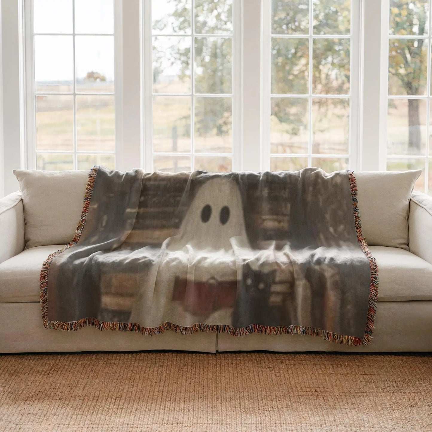 Ghost Book Blanket – Cozy Cat Throw | Soft Cotton Cover, Halloween Decor