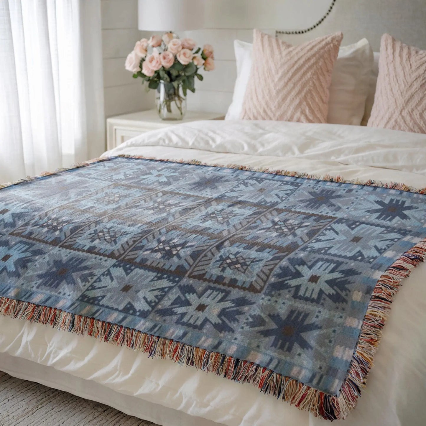 Scandi Woven Blanket – Cozy Bed Throw With Fringed Edge, Nordic Bedding Decor