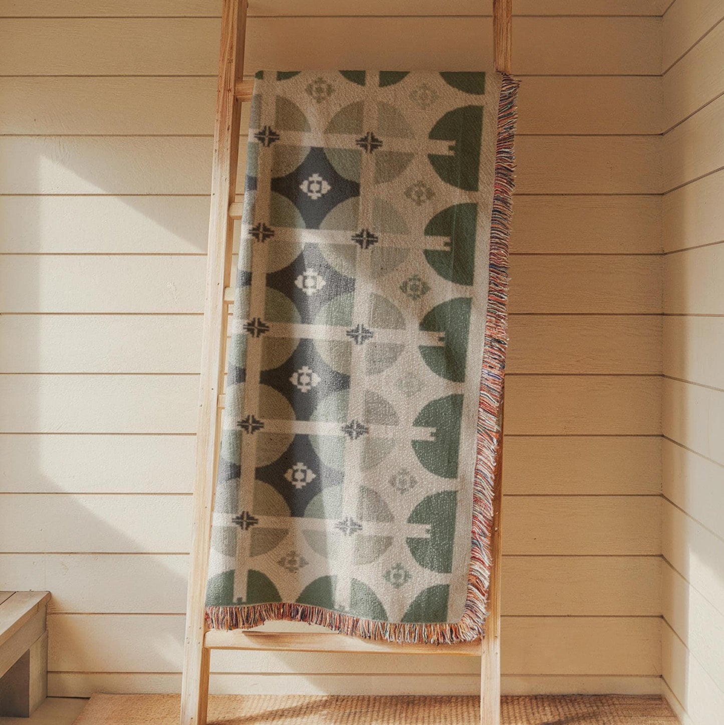 Woven Tapestry Wall Hanging - Mid Century Modern Green Beige Geometric Textile Art