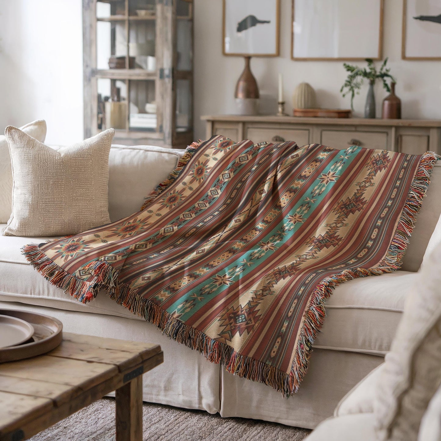 Living-room Blanket, Navajo Pattern Throw, Southwestern Design Couch Cover, Native American Sofa Blanket, Ethnic Room Decor, Tribal Decor,