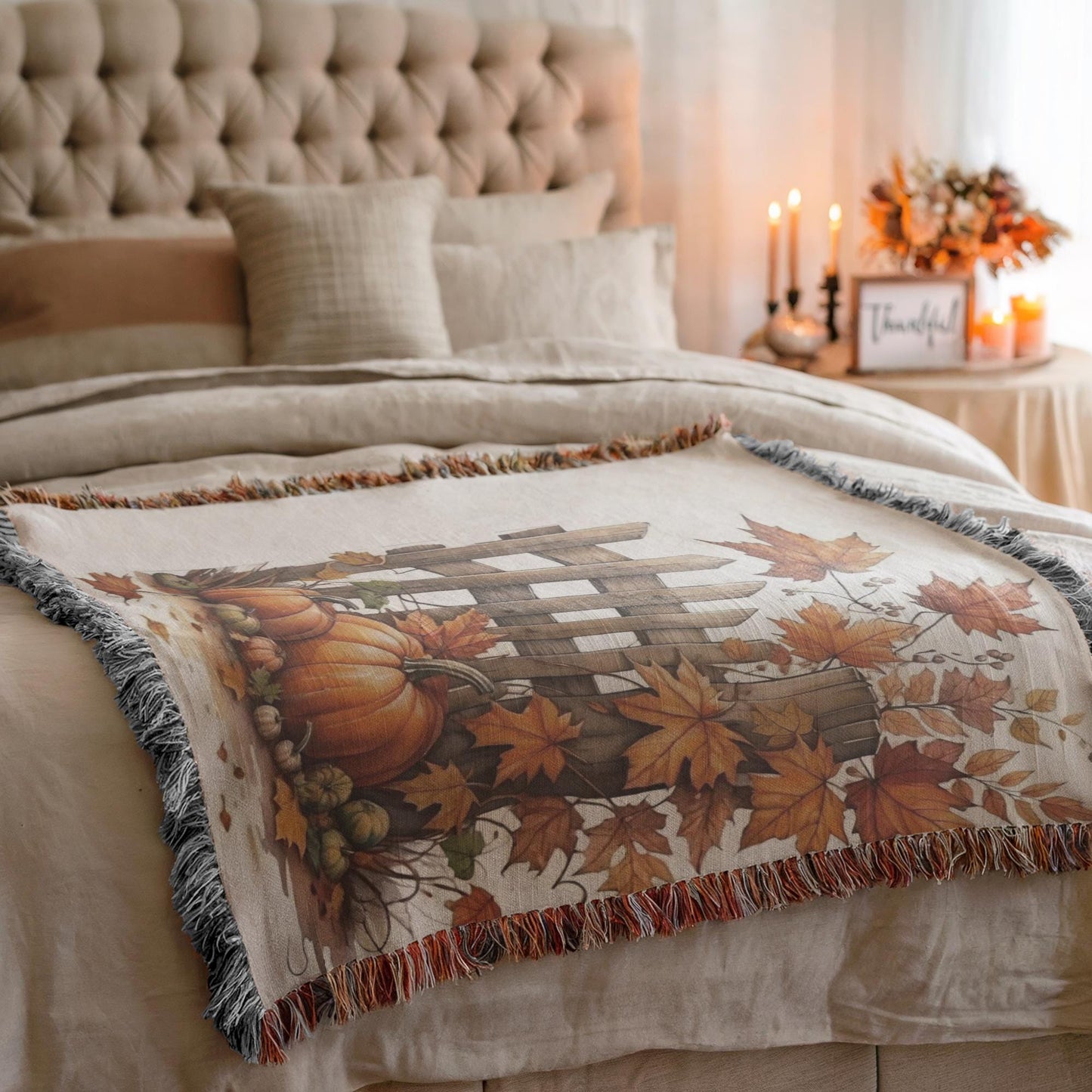 Thanksgiving Woven Blanket, Fall Leaves Couch Throw, Harvest Season Bedding, Autumn Cotton Throw, Warm Farmhouse Decor, Mom Dad Gift Idea
