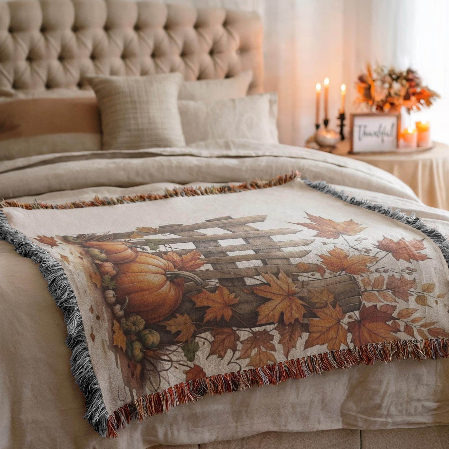 Thanksgiving Woven Blanket, Fall Leaves Couch Throw, Harvest Season Bedding, Autumn Cotton Throw, Warm Farmhouse Decor, Mom Dad Gift Idea - timelessbohochic.com