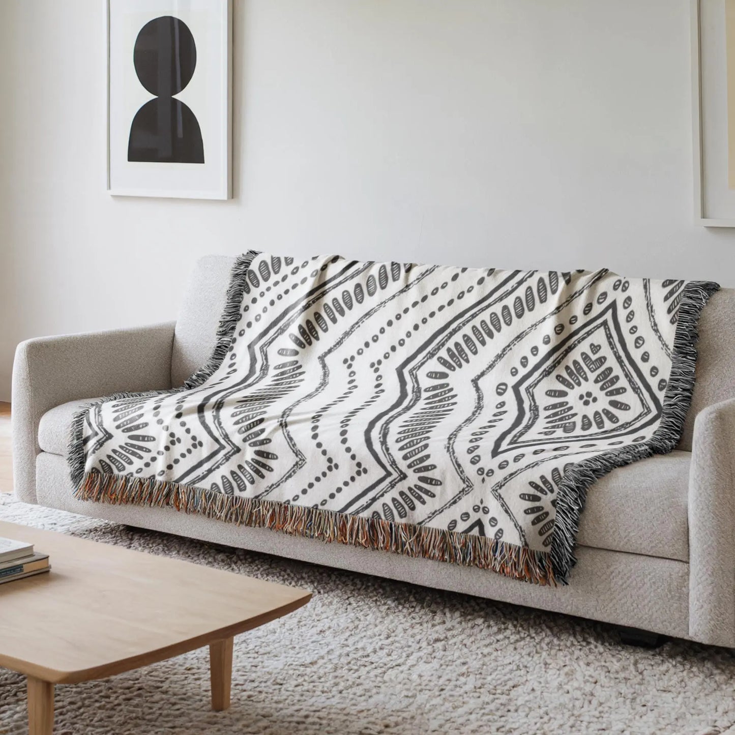Woven Throw Blanket - Black and White Ikat Pattern Cotton Cozy Couch Throw