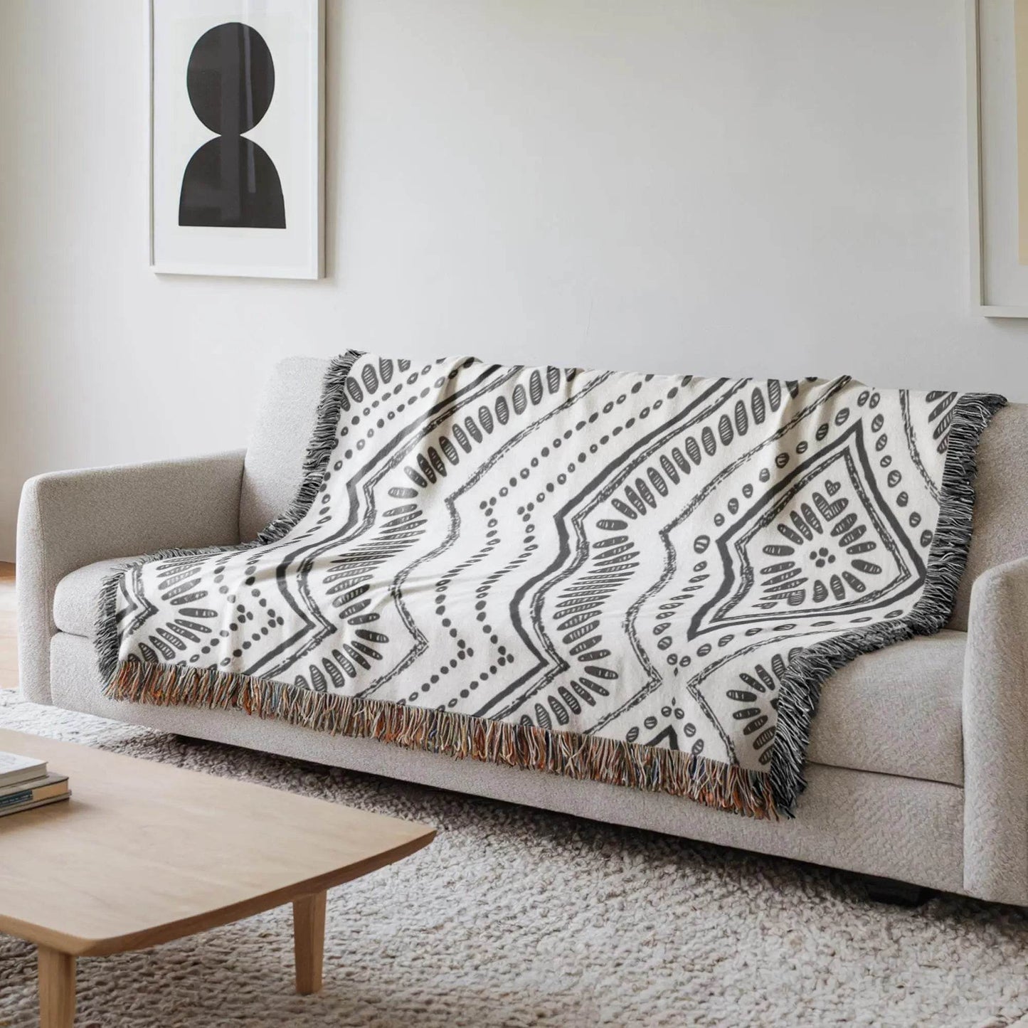 Woven Black and White Ikat Throw Blanket - Cozy Cotton Couch Blanket - timelessbohochic.com