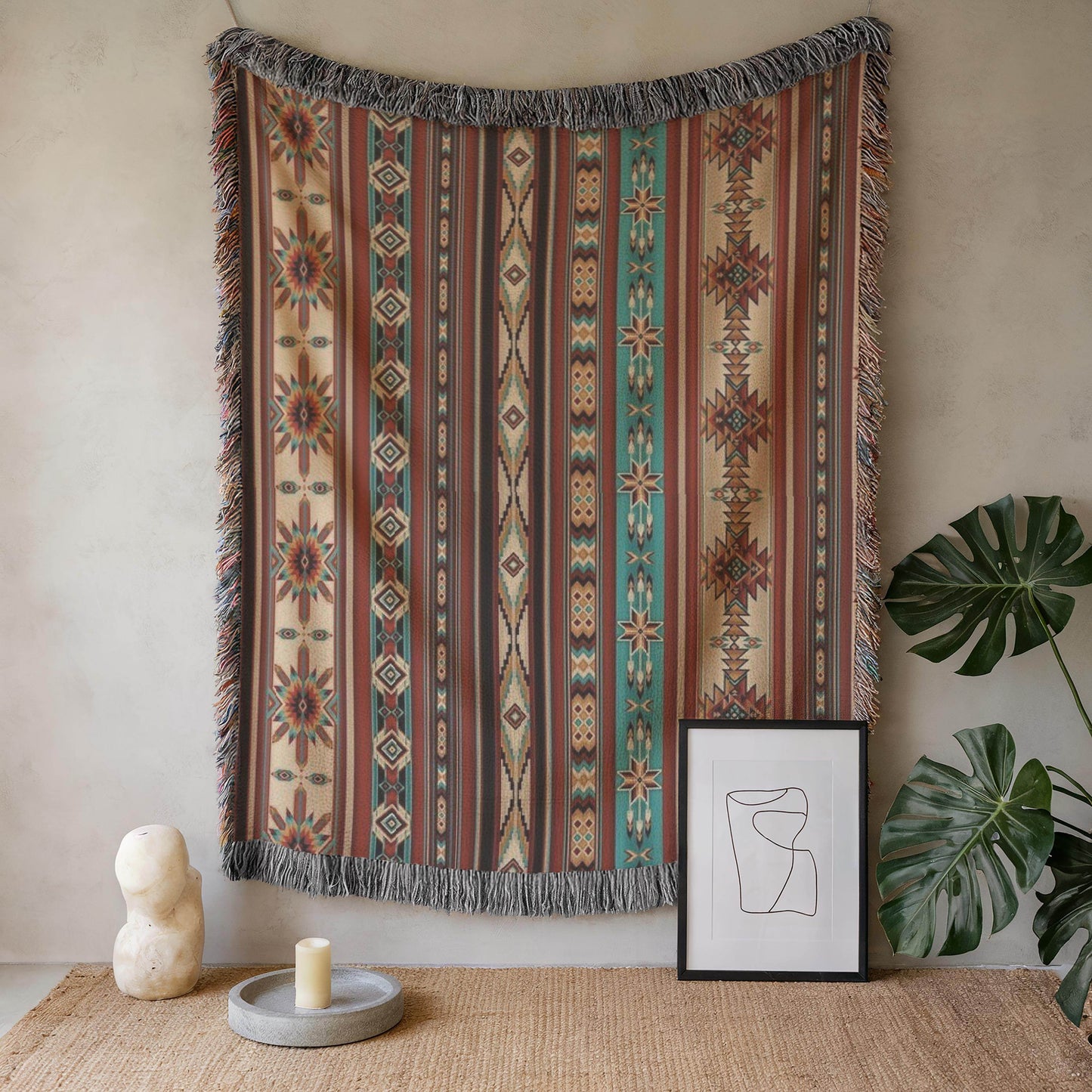 Navajo Pattern Tapestry - Southwestern Woven Wall Hanging with Colorful Fringes - timelessbohochic.com