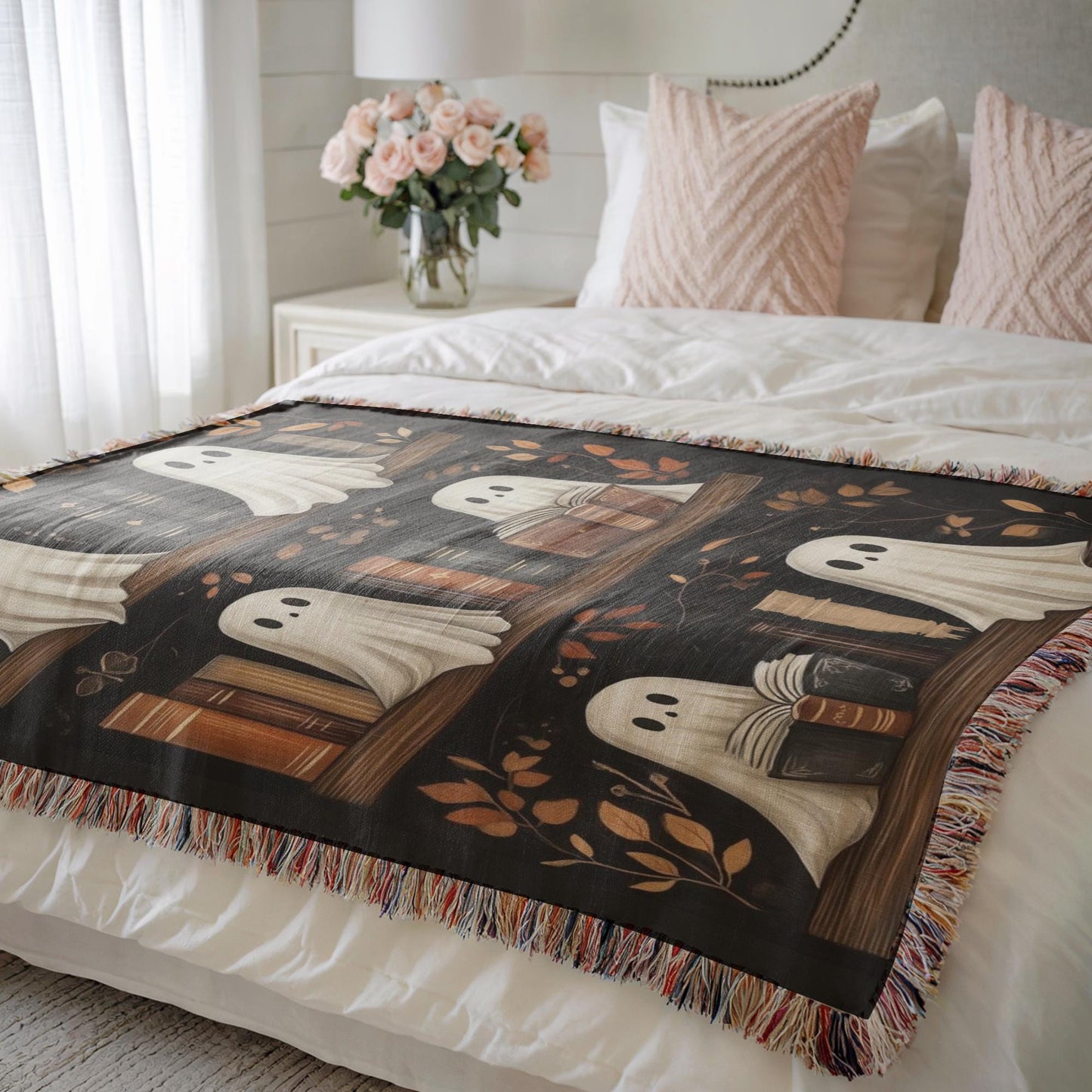 Ghost Blanket Woven Throw – Cozy Cotton Halloween Bedding with Colorful Fringed Edges