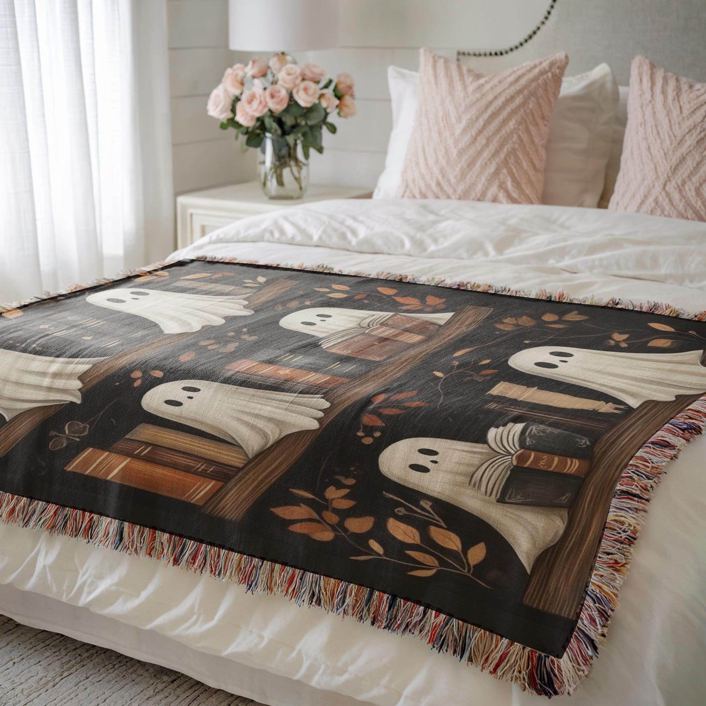 Ghost Blanket Halloween Throw - Cozy Woven Cotton Bedding for Spooky Nights - timelessbohochic.com