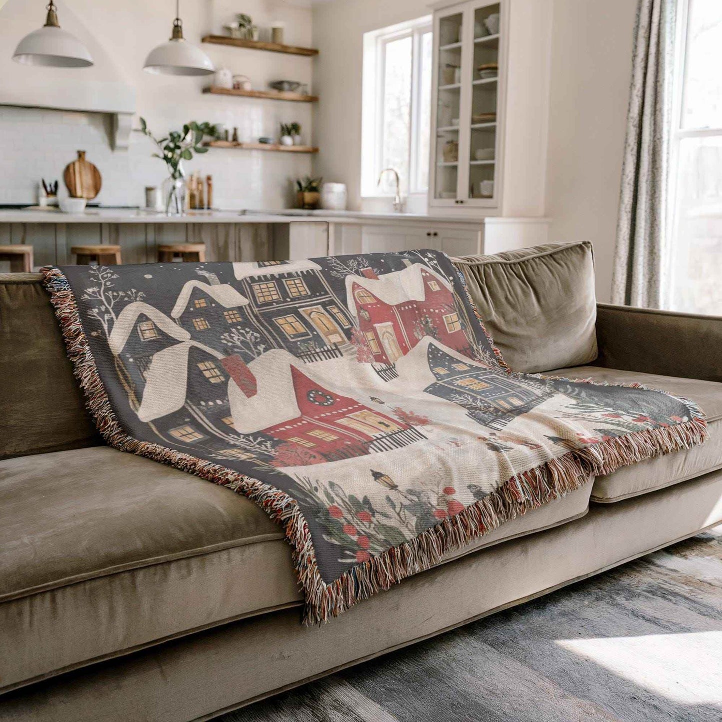 Holiday Bed Blanket - Woven Cotton Throw With Christmas Village Scene, Cozy Winter Folk Art - timelessbohochic.com
