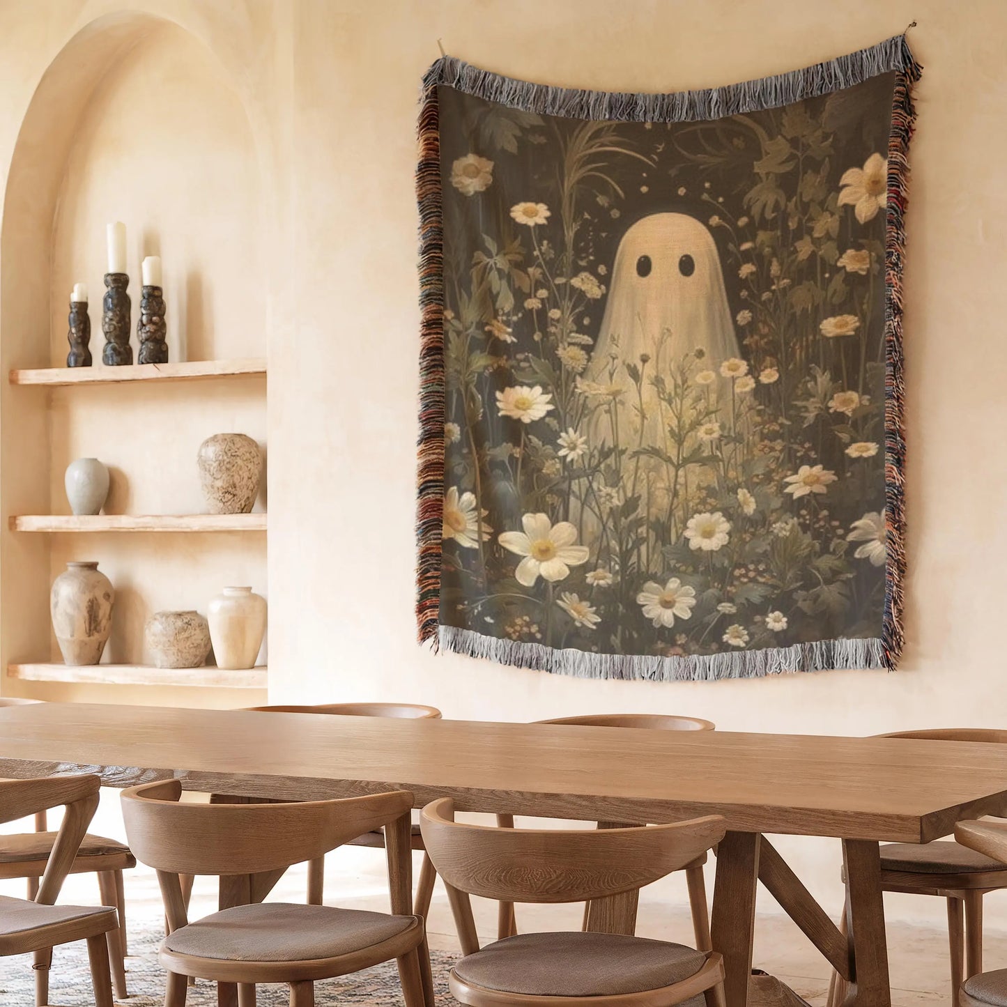 Woven Ghost Tapestry - Boho Gothic Throw With Floral Wildflower Decor