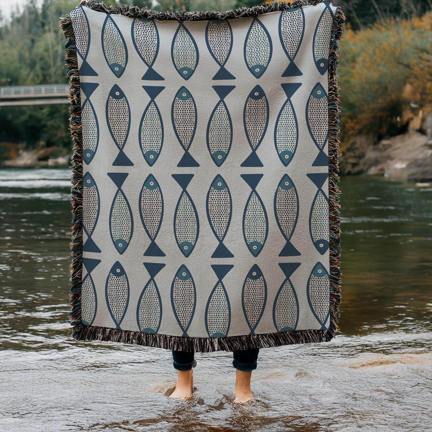 Coastal Woven Blanket – Nautical Beach Throw With Fish Pattern & Fringed Edges - timelessbohochic.com