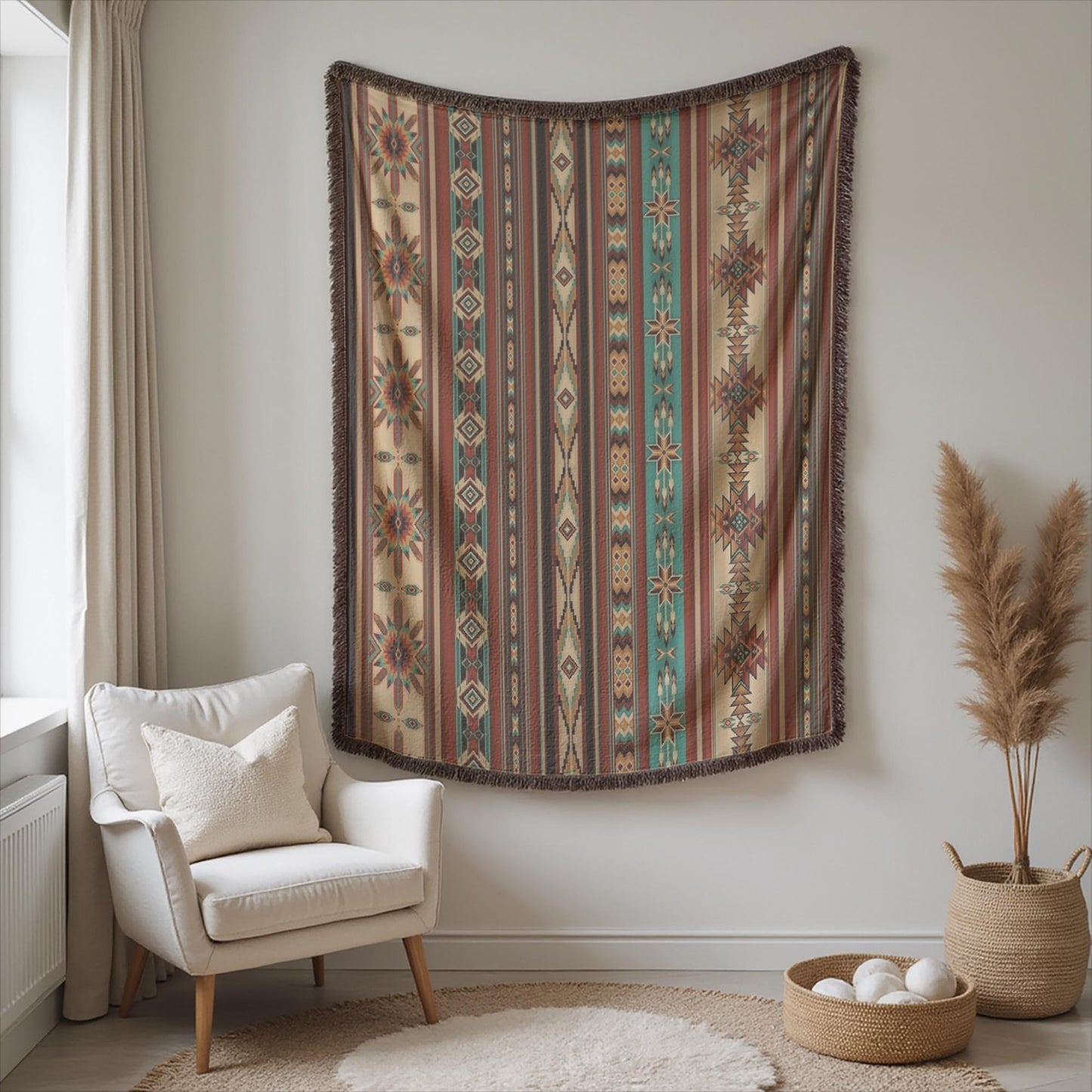 Navajo Pattern Tapestry - Southwestern Woven Wall Hanging with Colorful Fringes