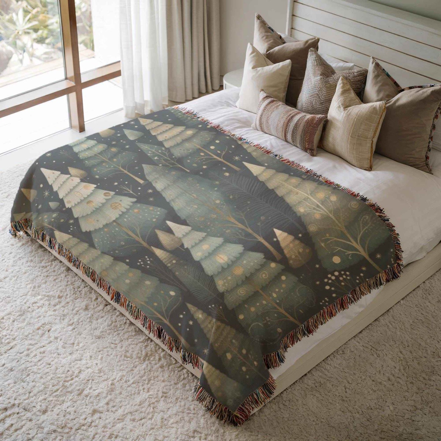 Festive Forest Blanket – Woven Cotton Throw with Xmas Tree Design, Cozy Winter Cover - timelessbohochic.com